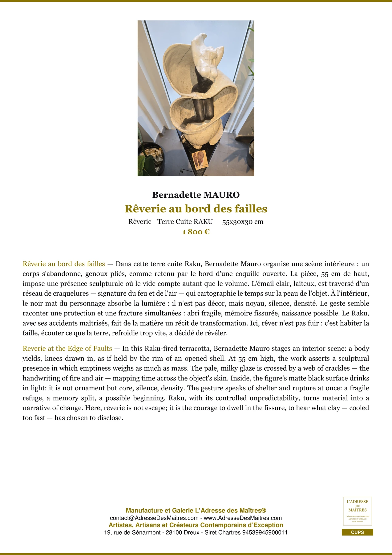 Fiche Premium - Rêverie au bord des failles - Bernadette MAURO - L'Adresse des Maîtres®