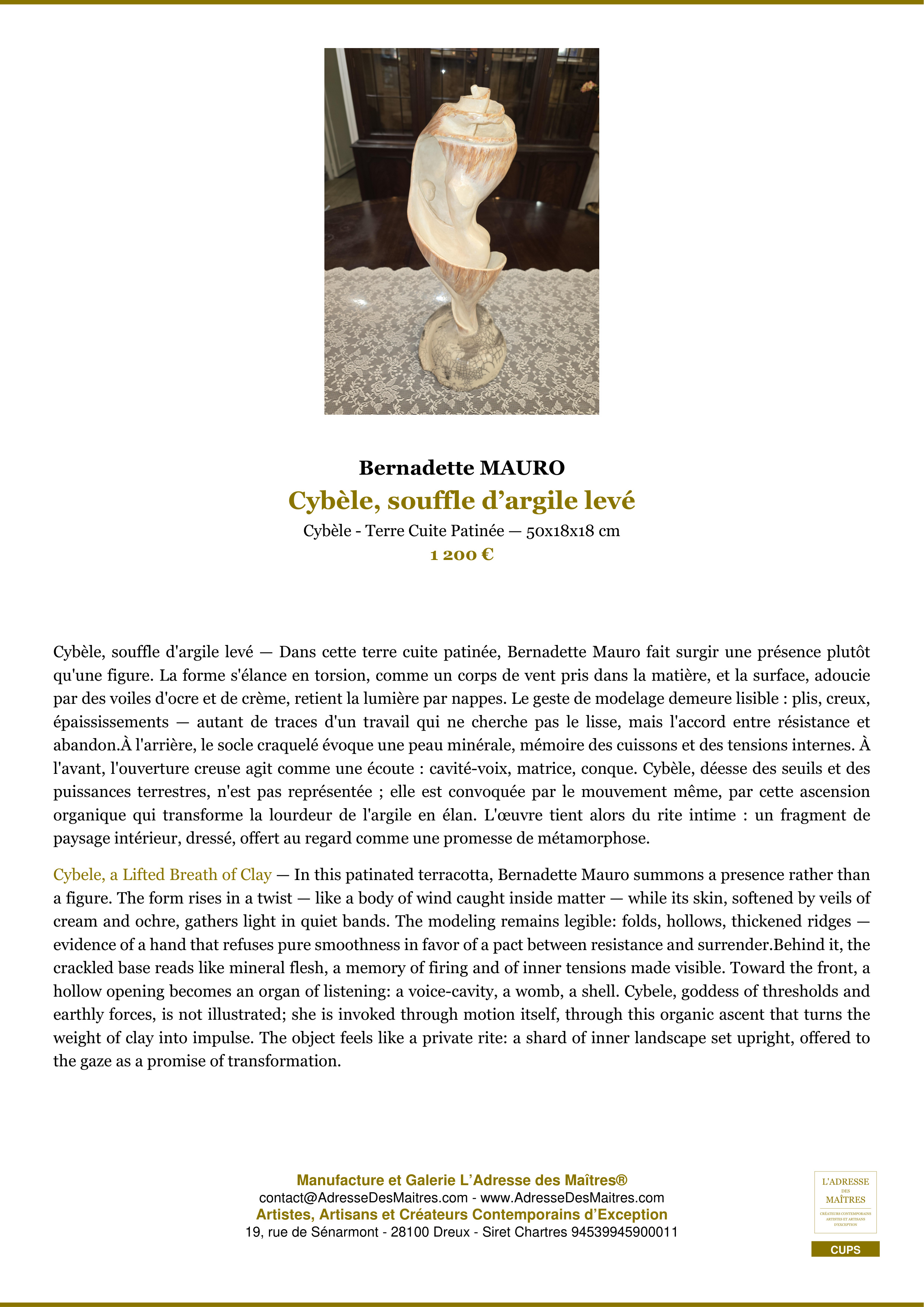 Fiche Premium — Cybèle, souffle d’argile levé — Bernadette MAURO — L'Adresse des Maîtres®