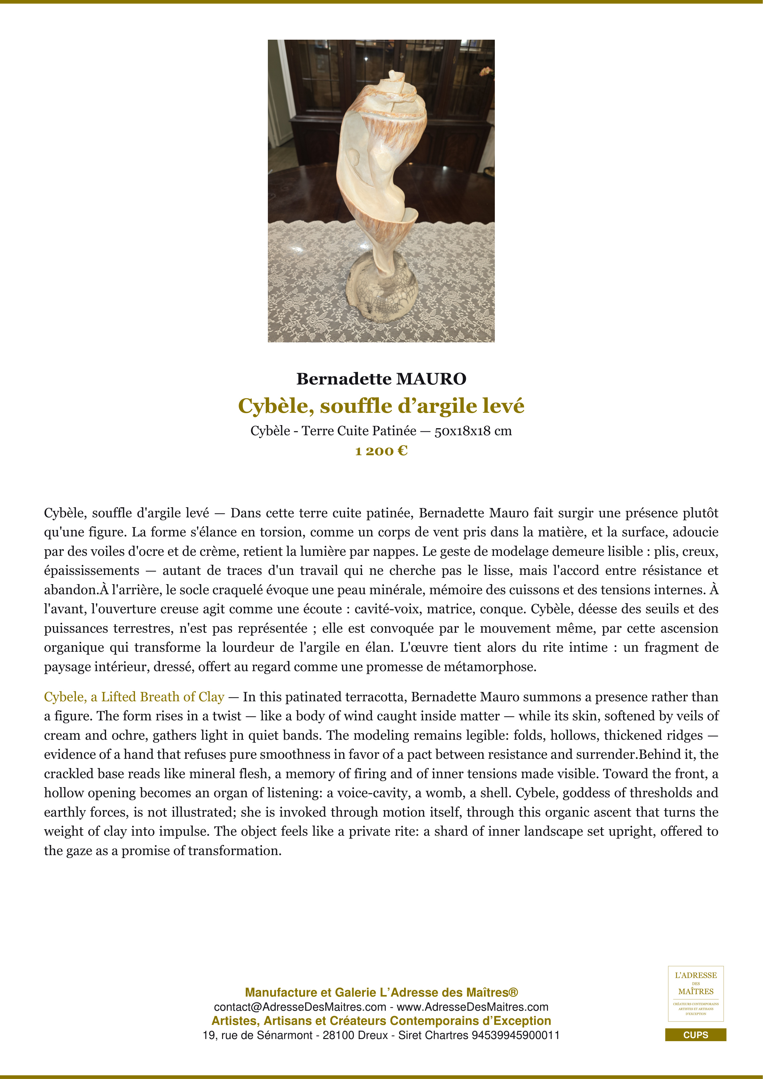 Fiche Premium — Cybèle, souffle d’argile levé — Bernadette MAURO — L'Adresse des Maîtres®