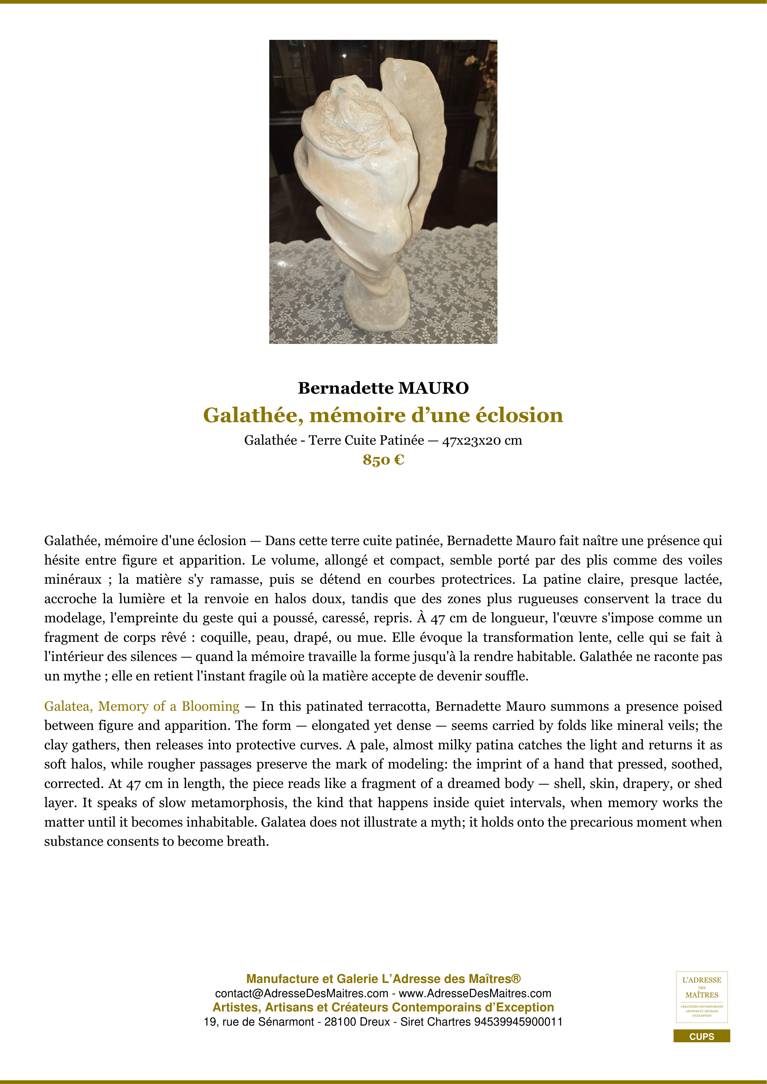 Fiche Premium — Galathée, mémoire d’une éclosion — Bernadette MAURO — L'Adresse des Maîtres®