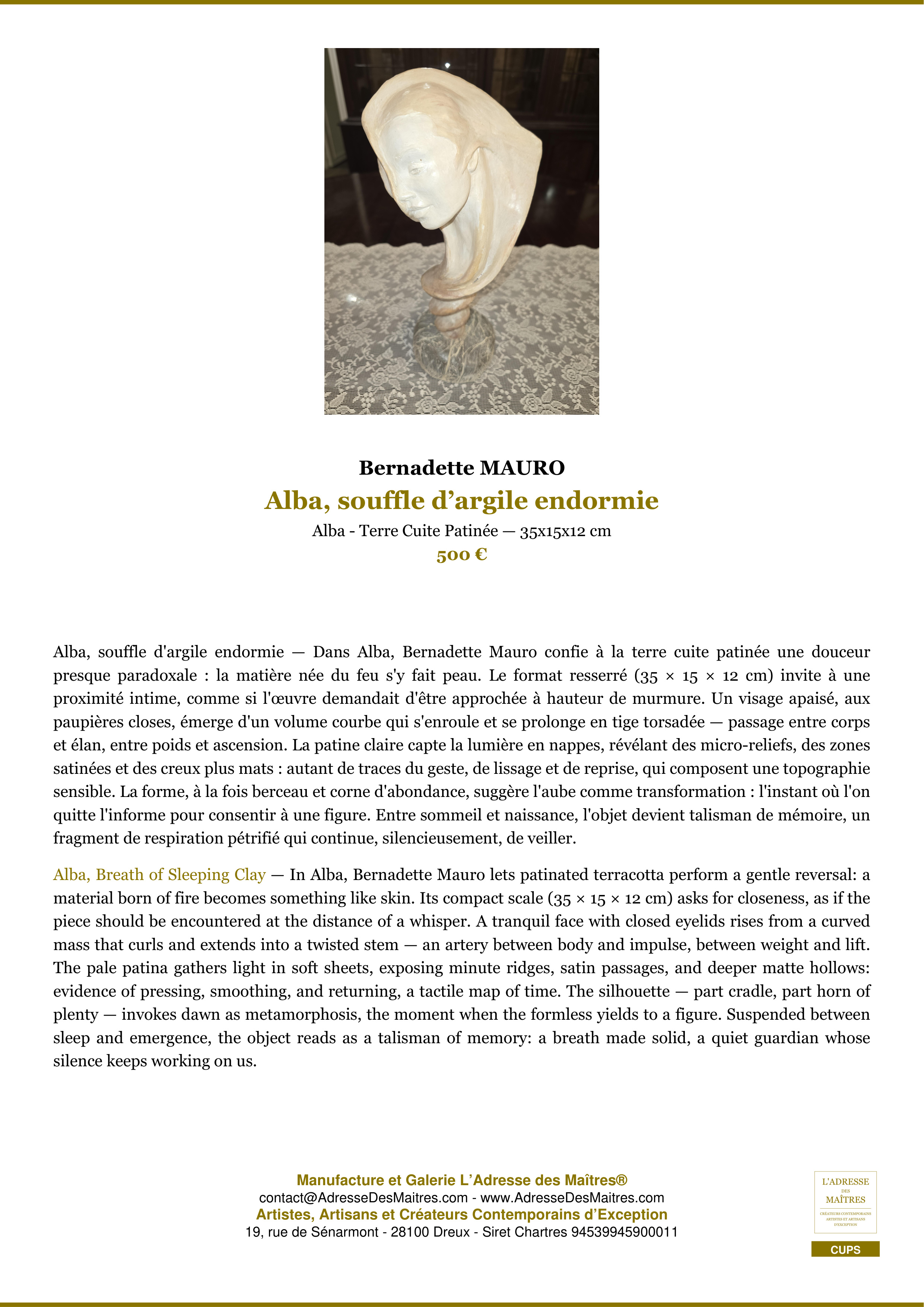 Fiche Premium — Alba, souffle d’argile endormie — Bernadette MAURO — L'Adresse des Maîtres®