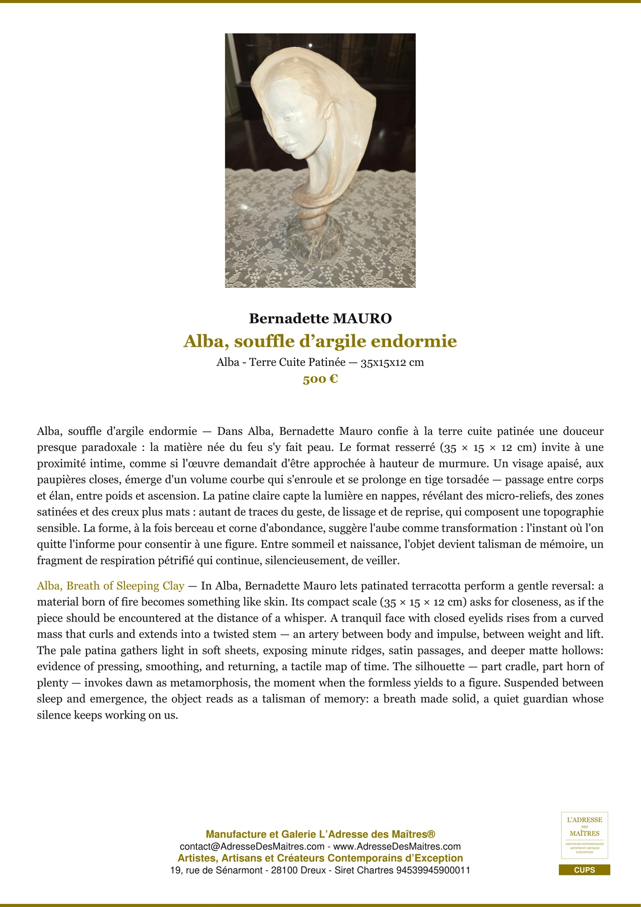 Fiche Premium - Alba, souffle d’argile endormie - Bernadette MAURO - L'Adresse des Maîtres®