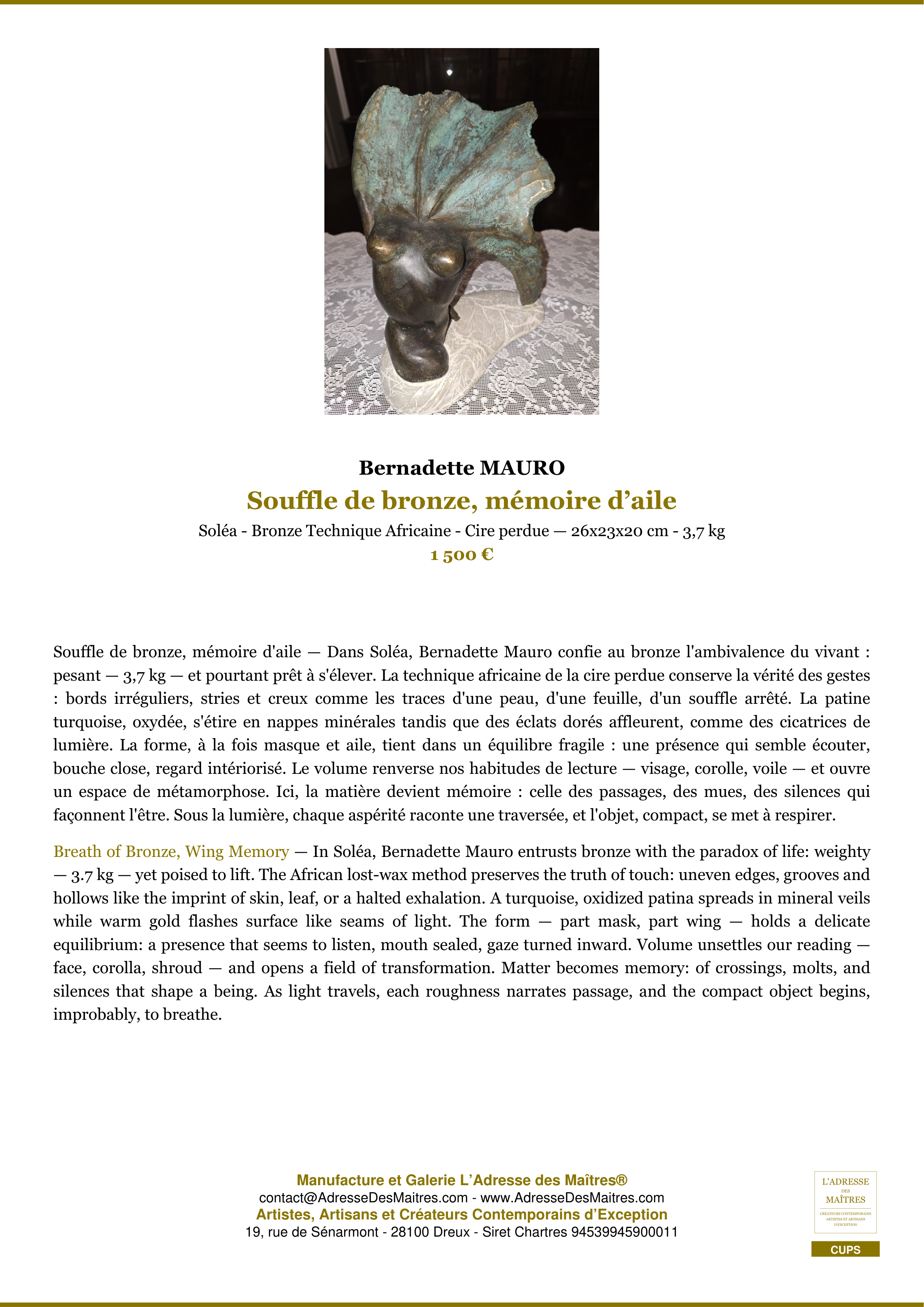 Fiche Premium — Souffle de bronze, mémoire d’aile — Bernadette MAURO — L'Adresse des Maîtres®