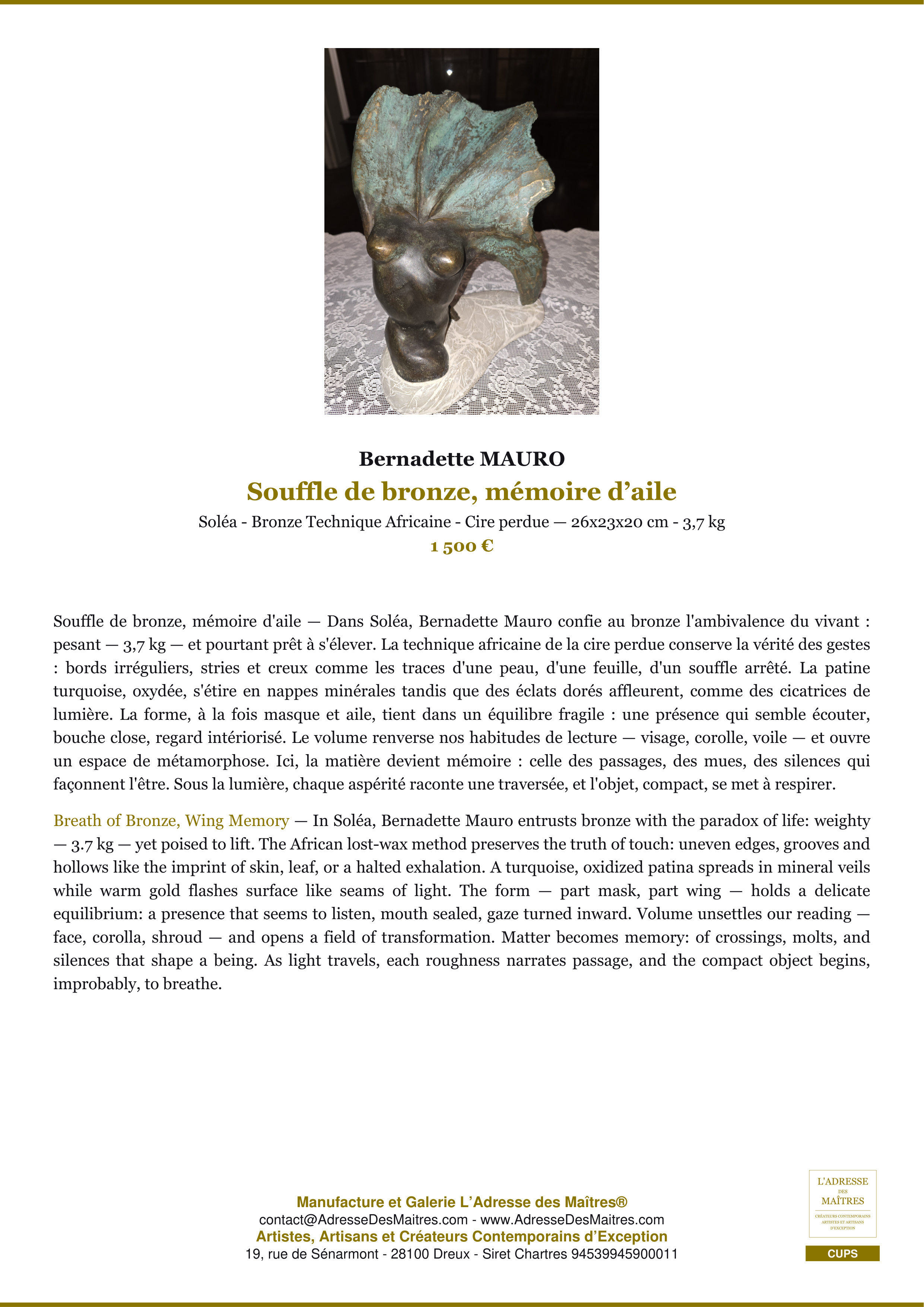 Aliento de bronce, recuerdo de un ala — Bernadette MAURO