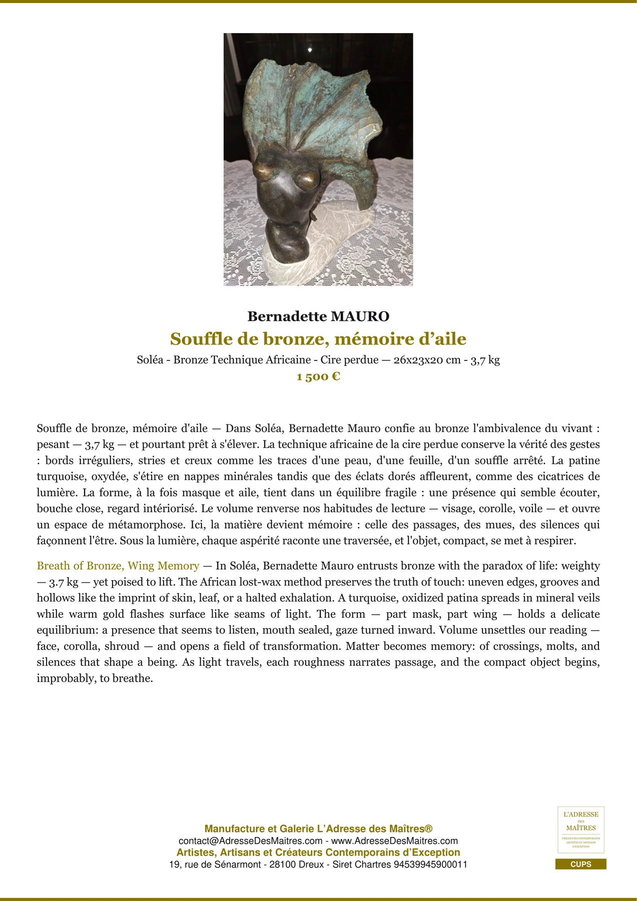 Fiche Premium - Souffle de bronze, mémoire d’aile - Bernadette MAURO - L'Adresse des Maîtres®