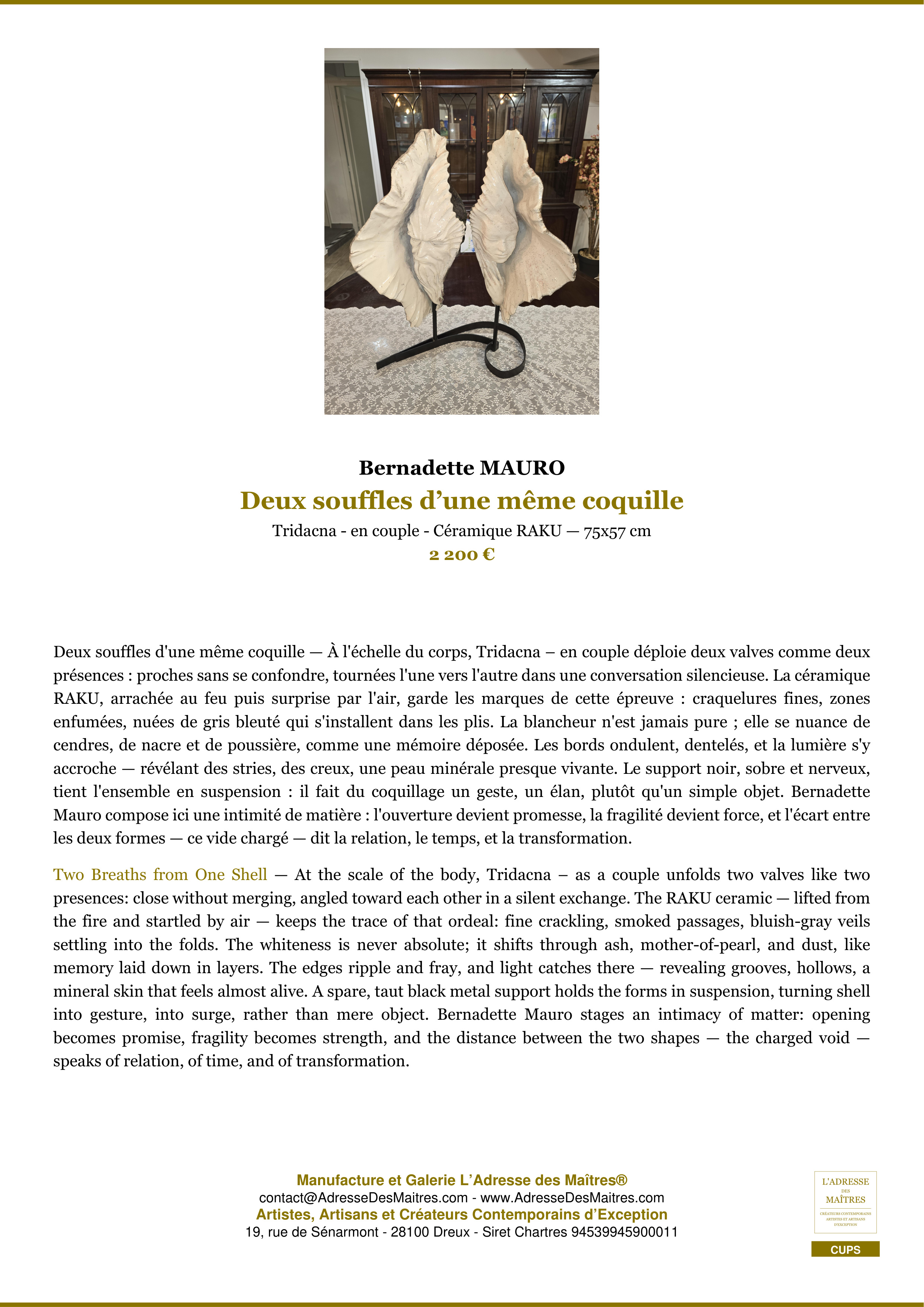 Fiche Premium — Deux souffles d’une même coquille — Bernadette MAURO — L'Adresse des Maîtres®