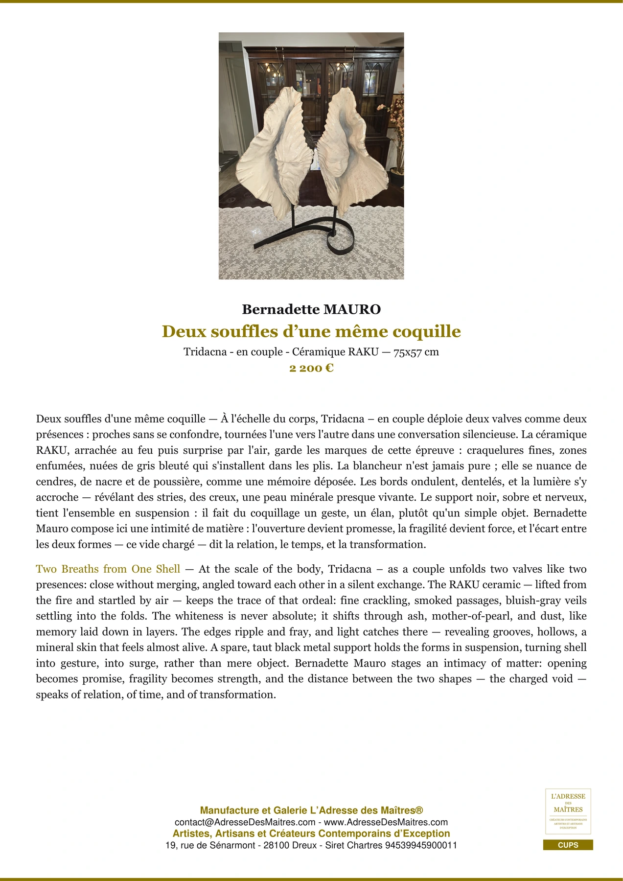 Fiche Premium - Deux souffles d’une même coquille - Bernadette MAURO - L'Adresse des Maîtres®