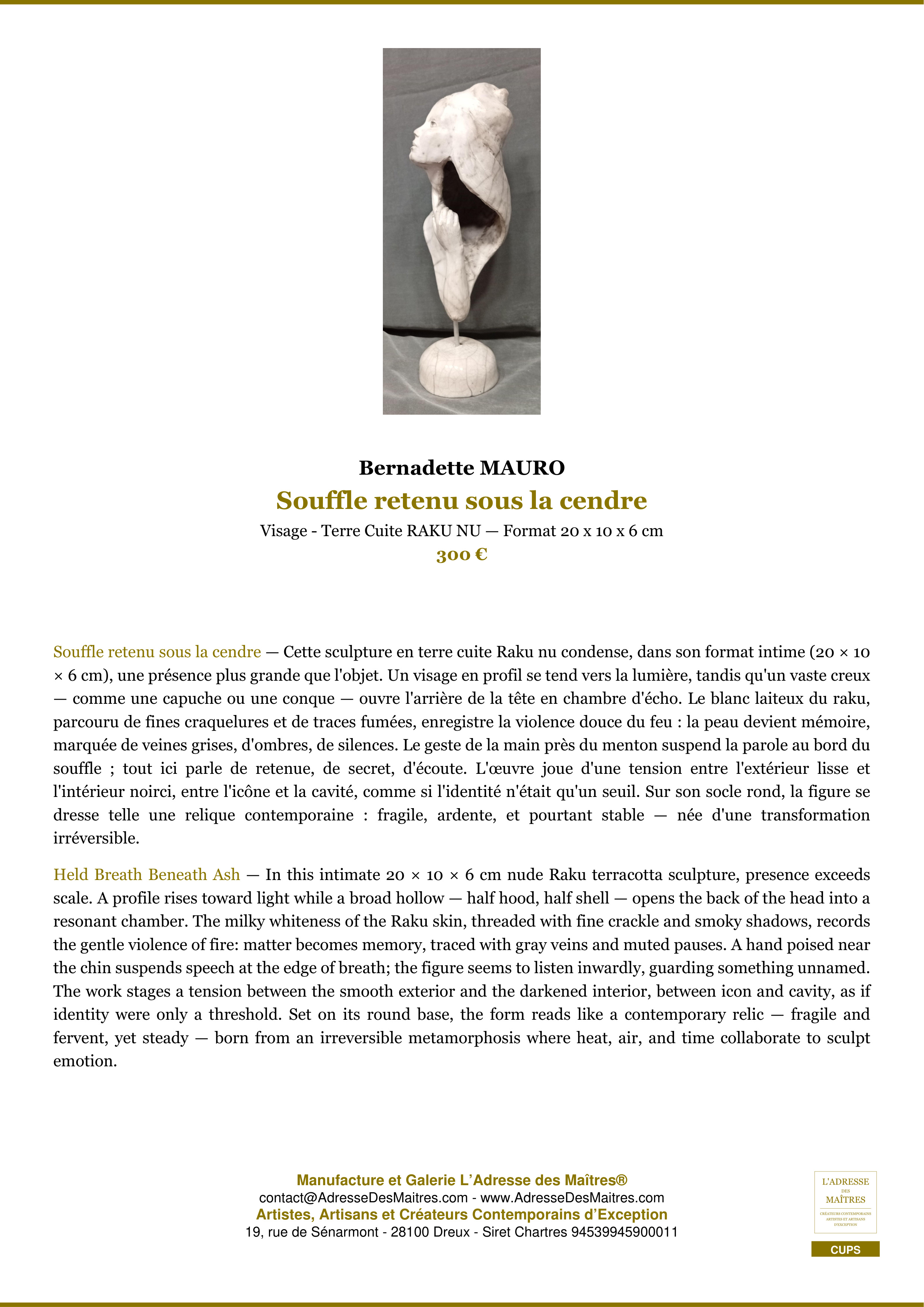 Fiche Premium — Souffle retenu sous la cendre — Bernadette MAURO — L'Adresse des Maîtres®