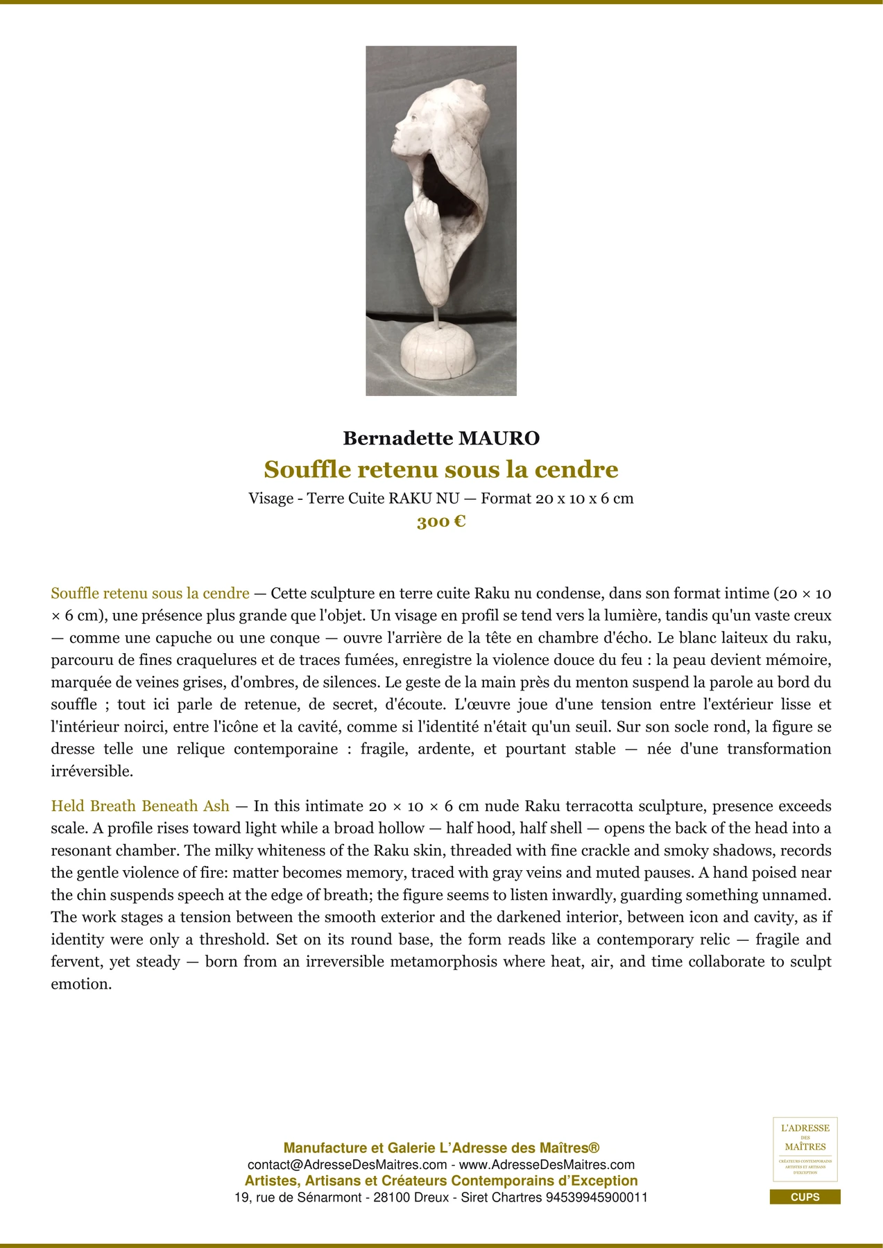 Fiche Premium - Souffle retenu sous la cendre - Bernadette MAURO - L'Adresse des Maîtres®