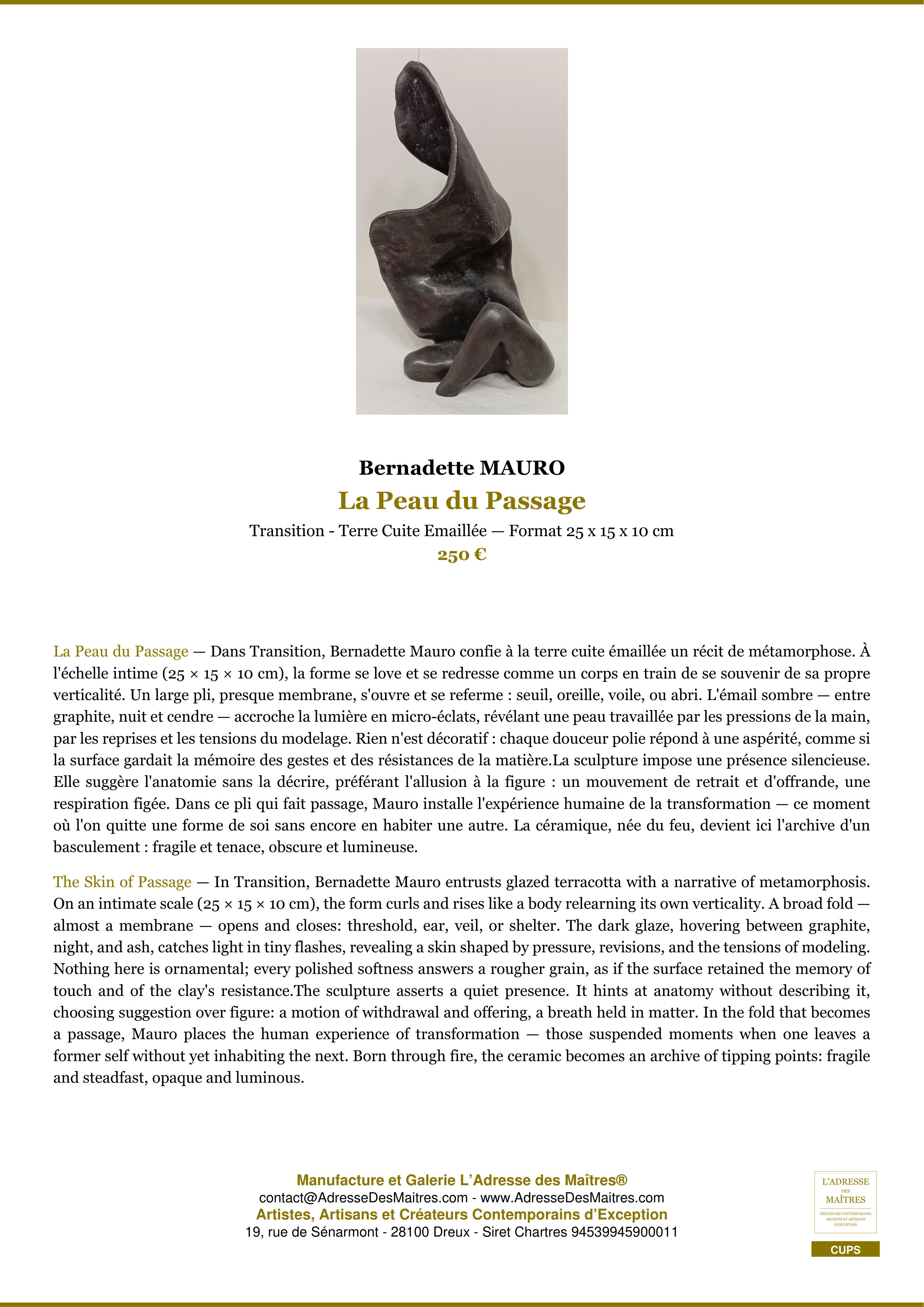 Fiche Premium — La Peau du Passage — Bernadette MAURO — L'Adresse des Maîtres®