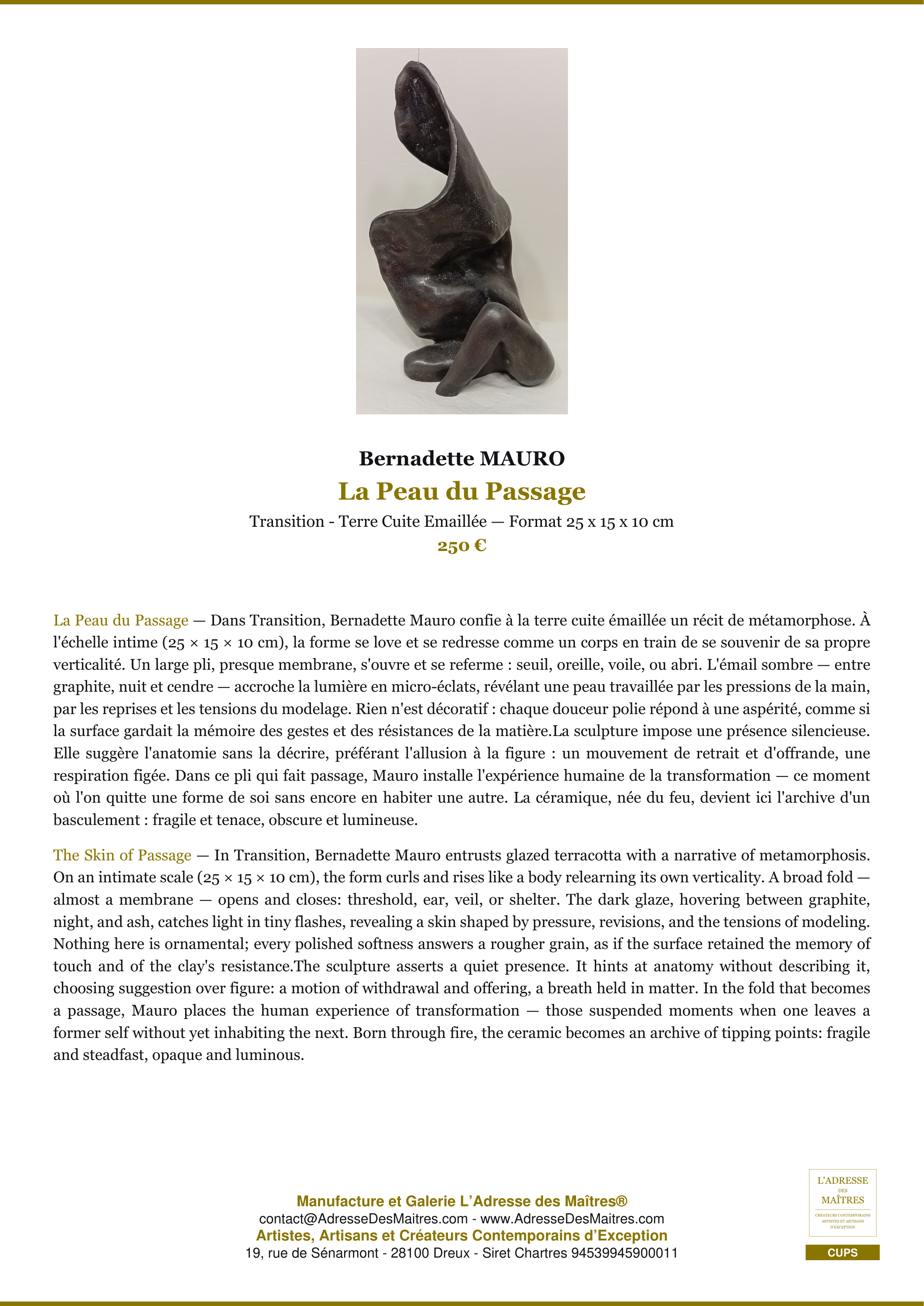 Fiche Premium — La Peau du Passage — Bernadette MAURO — L'Adresse des Maîtres®
