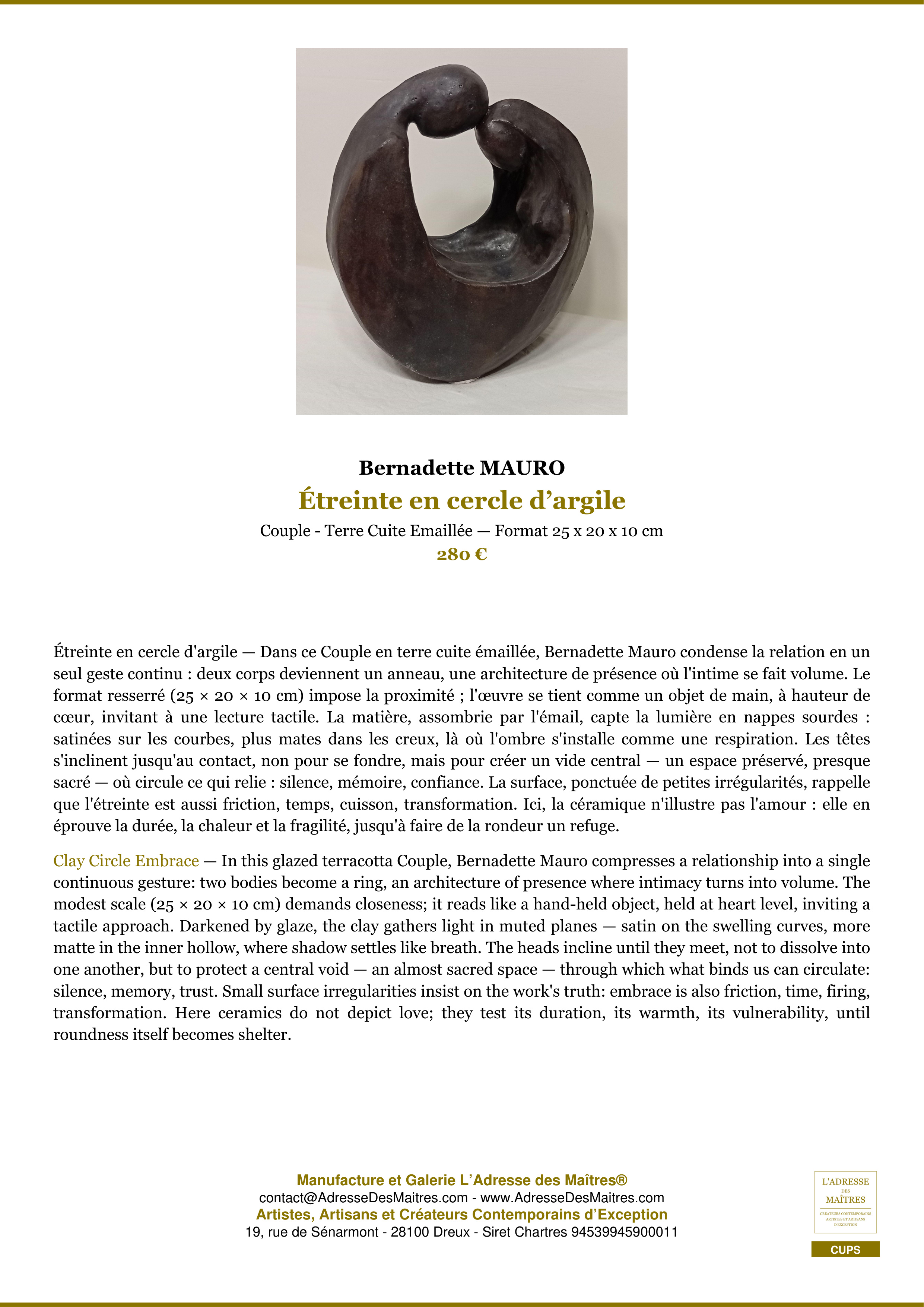 Fiche Premium — Étreinte en cercle d’argile — Bernadette MAURO — L'Adresse des Maîtres®