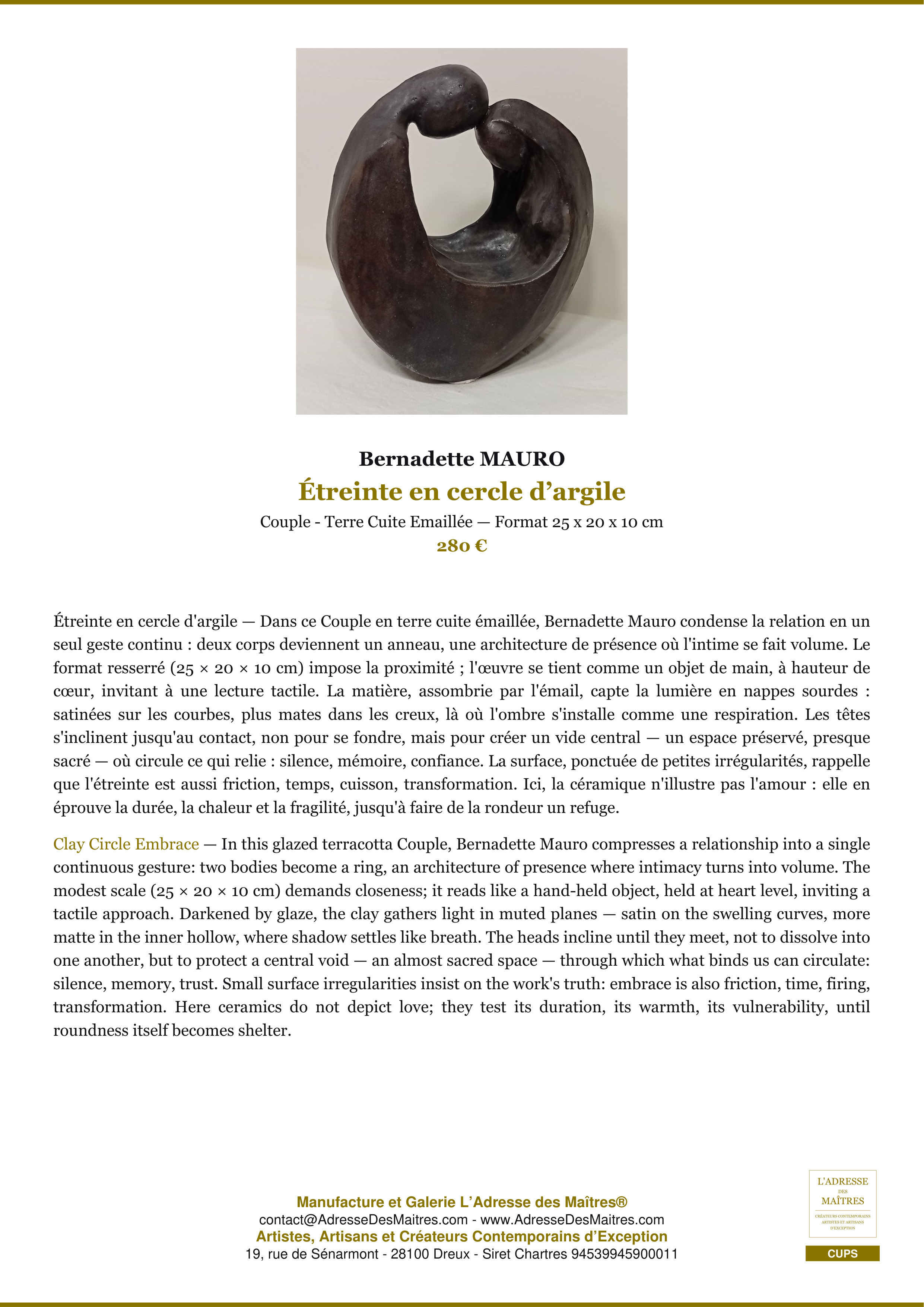 Fiche Premium — Étreinte en cercle d’argile — Bernadette MAURO — L'Adresse des Maîtres®