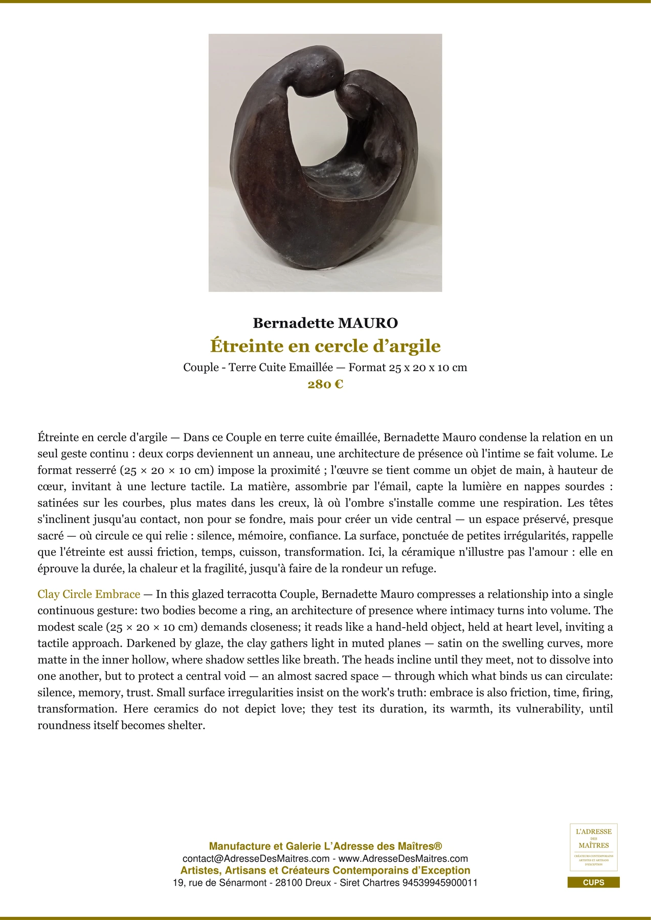 Fiche Premium - Étreinte en cercle d’argile - Bernadette MAURO - L'Adresse des Maîtres®