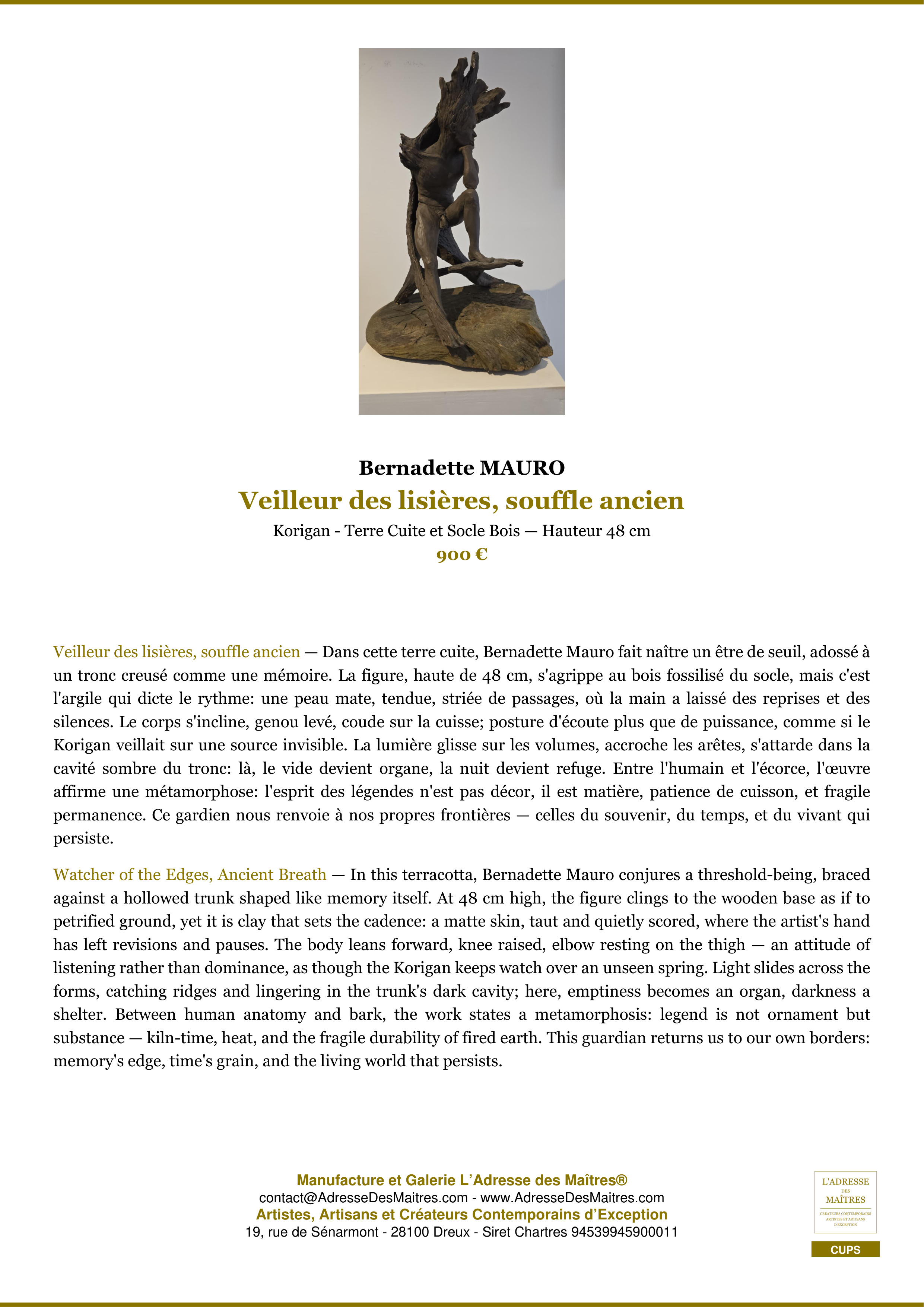 Fiche Premium — Veilleur des lisières, souffle ancien — Bernadette MAURO — L'Adresse des Maîtres®