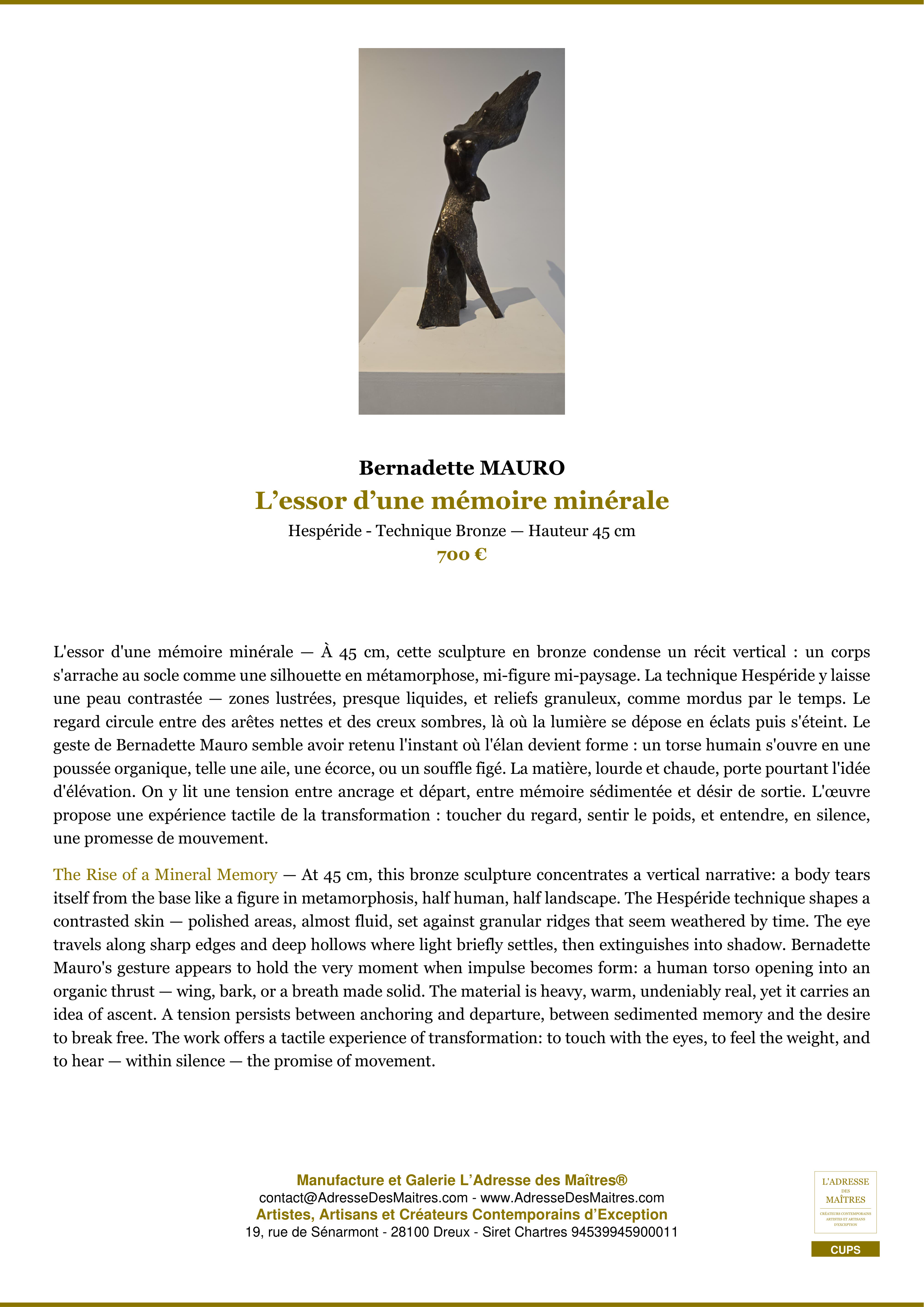 Fiche Premium — L’essor d’une mémoire minérale — Bernadette MAURO — L'Adresse des Maîtres®