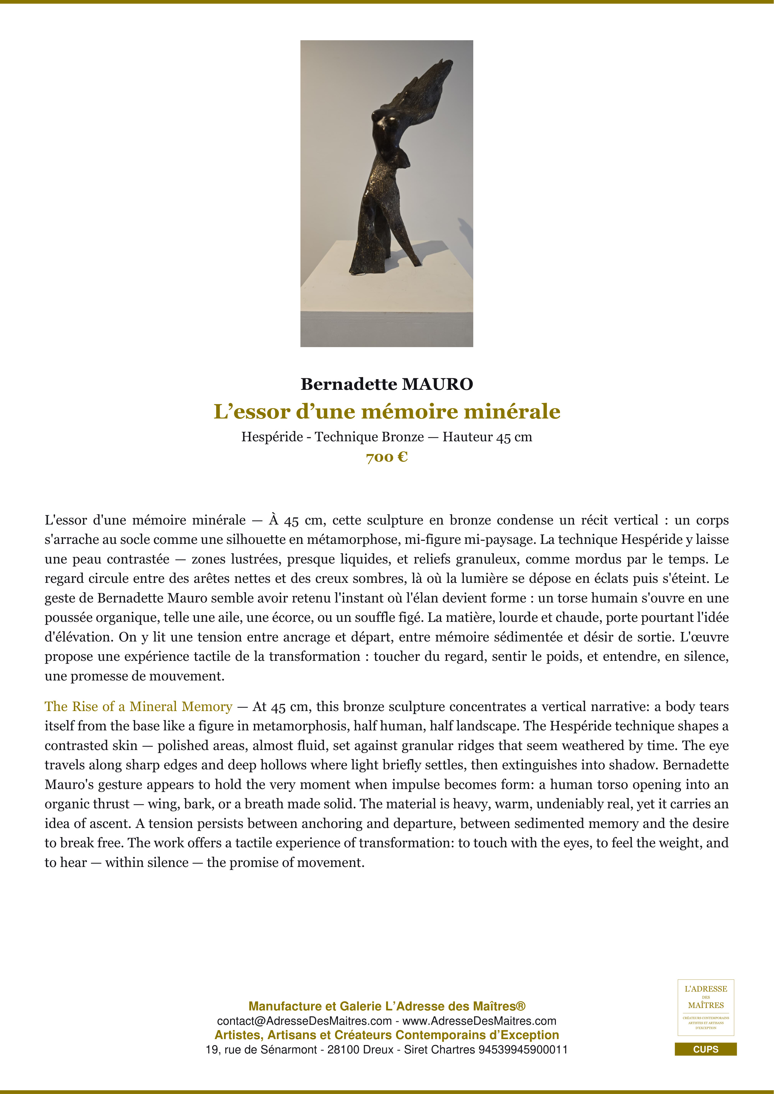 Fiche Premium — L’essor d’une mémoire minérale — Bernadette MAURO — L'Adresse des Maîtres®