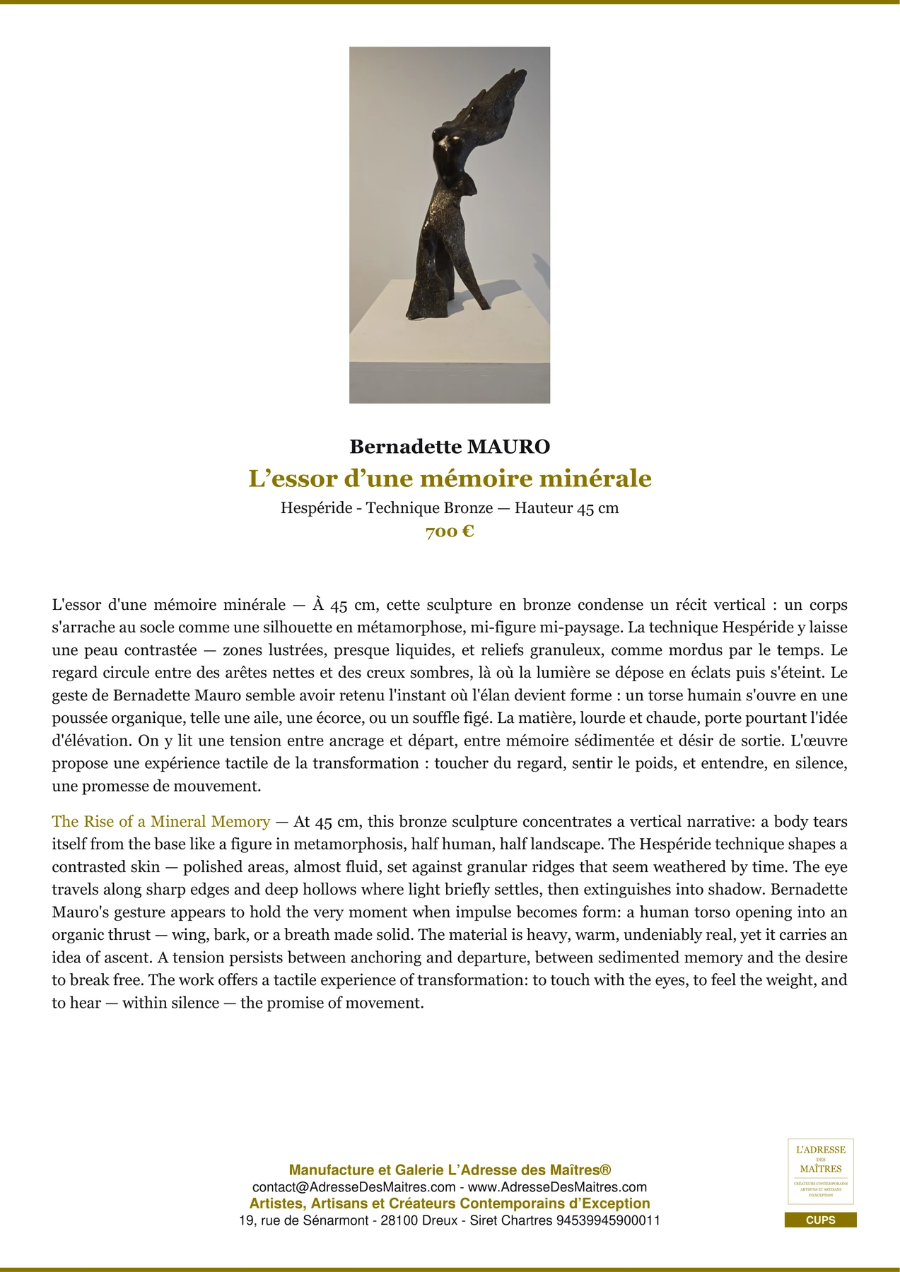 Fiche Premium - L’essor d’une mémoire minérale - Bernadette MAURO - L'Adresse des Maîtres®