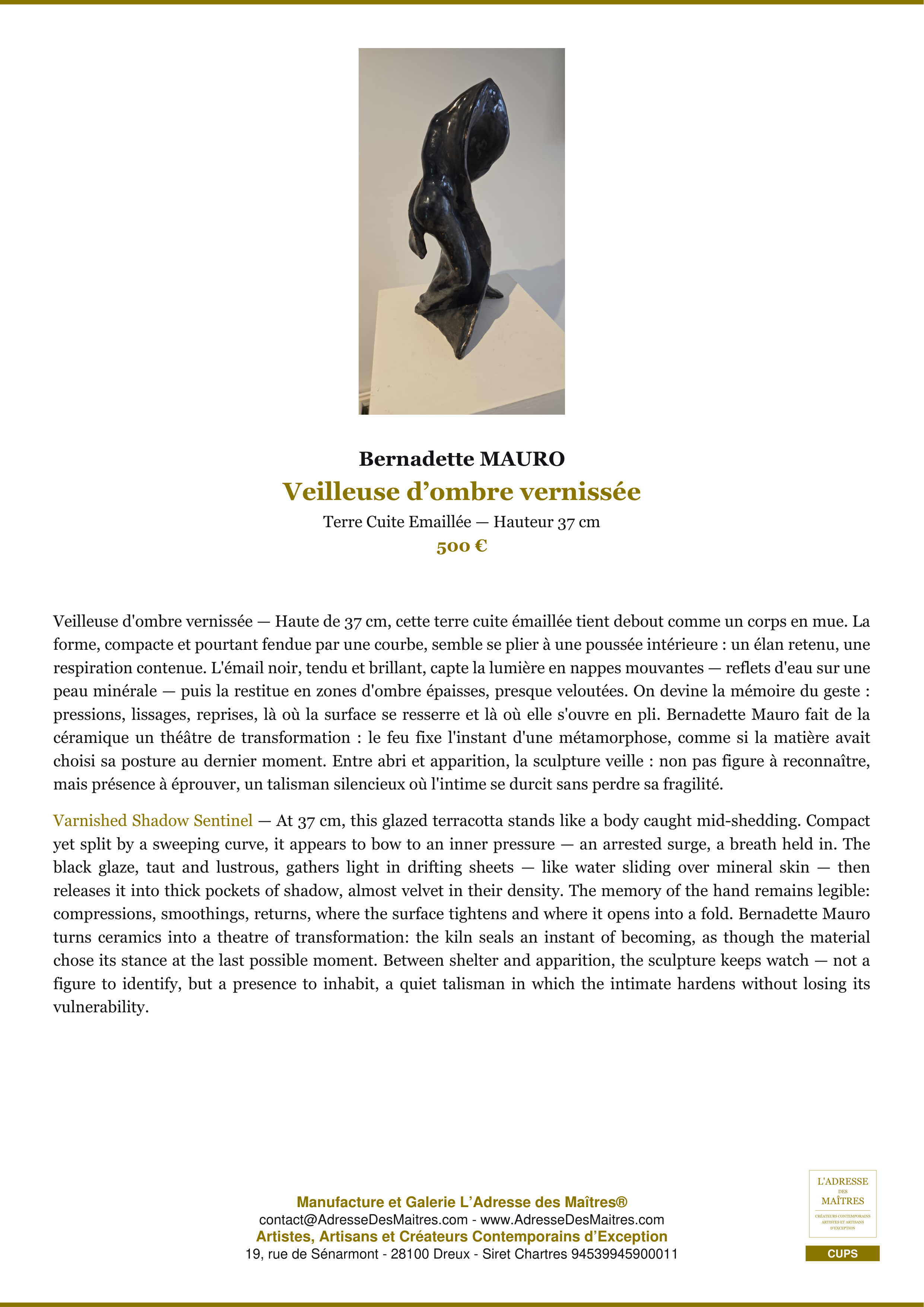 Fiche Premium — Veilleuse d’ombre vernissée — Bernadette MAURO — L'Adresse des Maîtres®