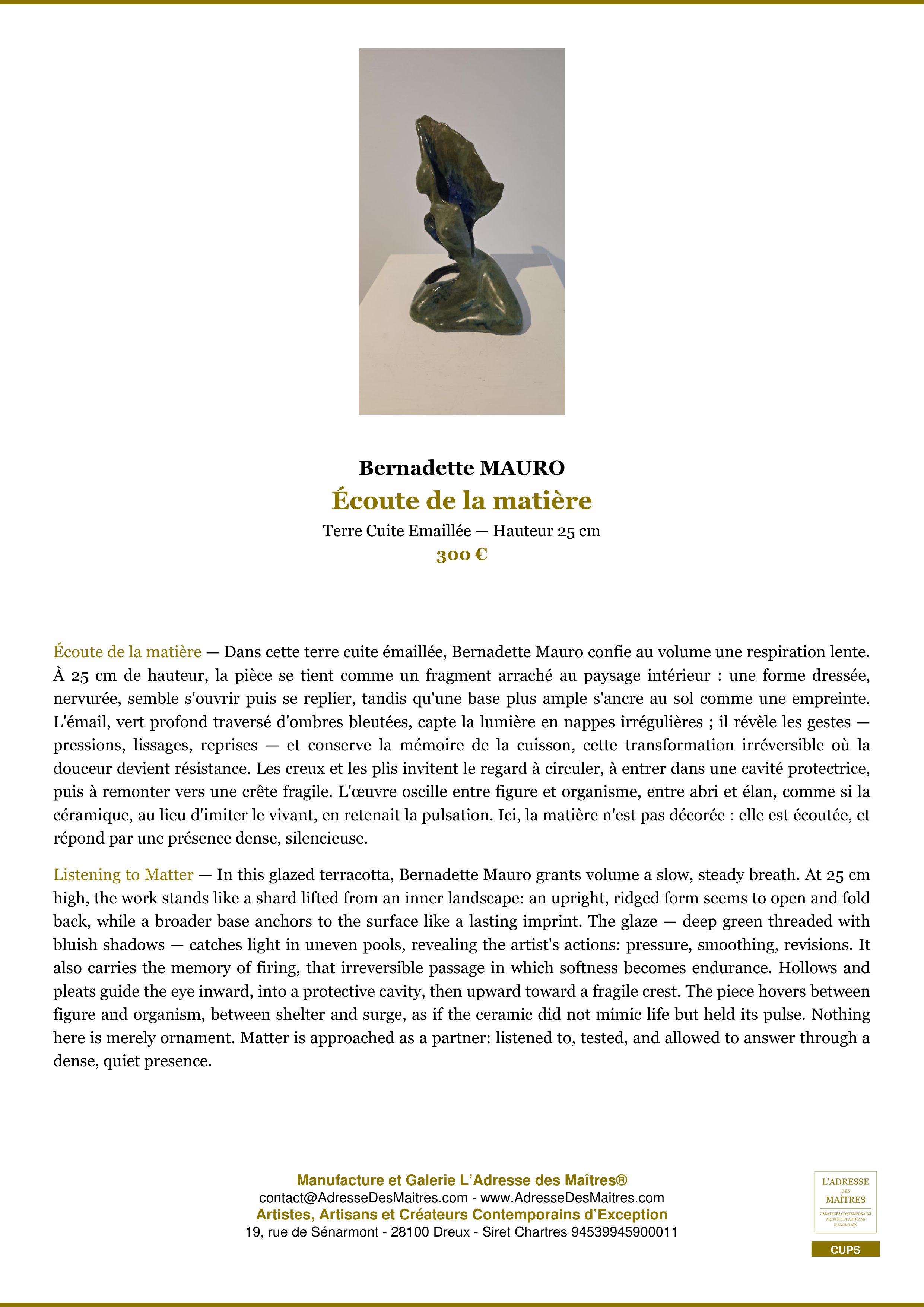 Fiche Premium — Écoute de la matière — Bernadette MAURO — L'Adresse des Maîtres®