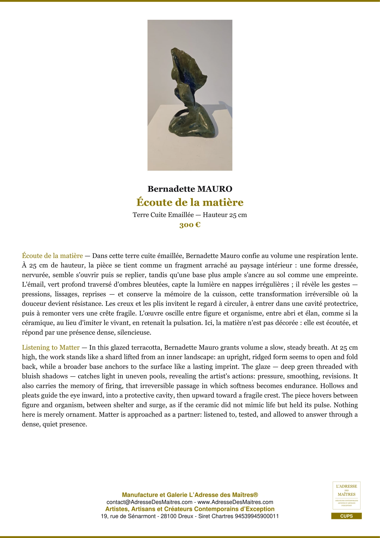 Fiche Premium - Écoute de la matière - Bernadette MAURO - L'Adresse des Maîtres®