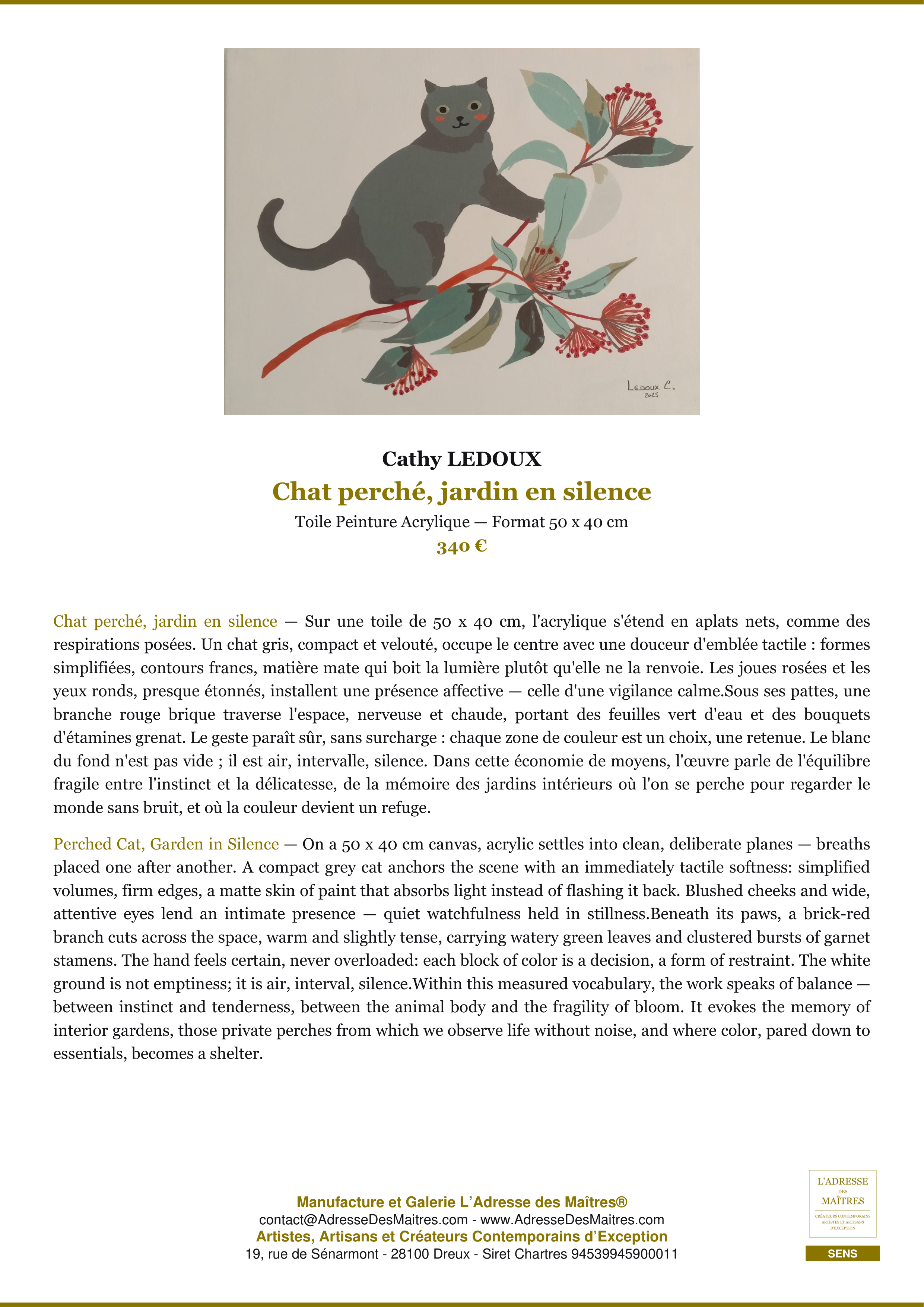 Gato encaramado, jardín en silencio — Cathy LEDOUX