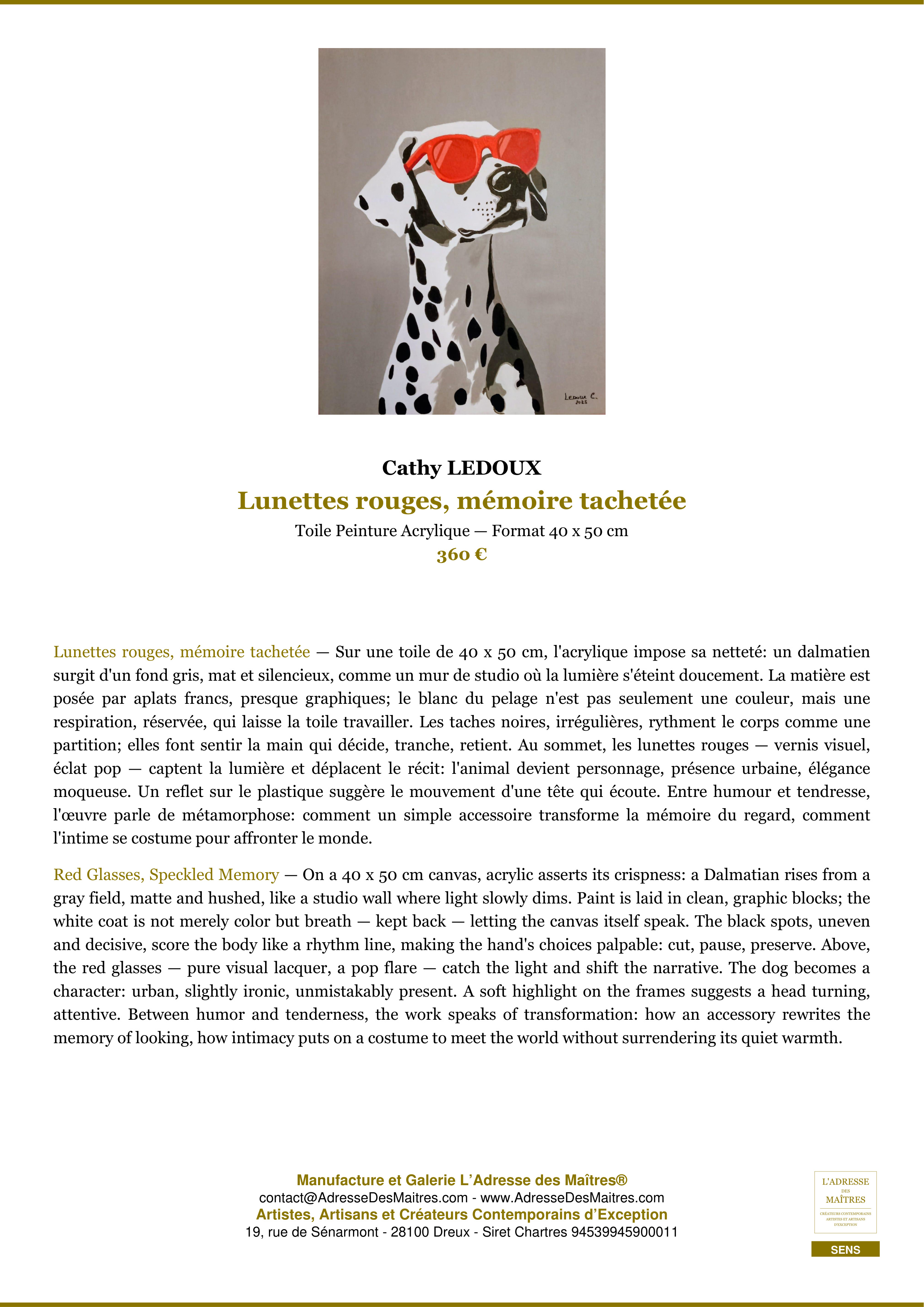 Fiche Premium — Lunettes rouges, mémoire tachetée — Cathy LEDOUX — L'Adresse des Maîtres®