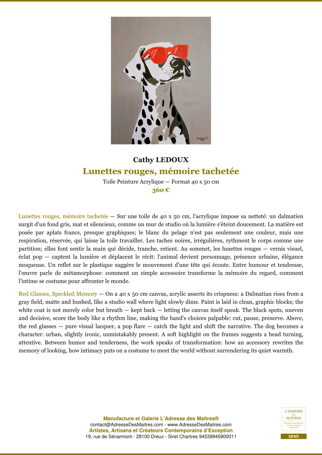 Fiche Premium - Lunettes rouges, mémoire tachetée - Cathy LEDOUX - L'Adresse des Maîtres®