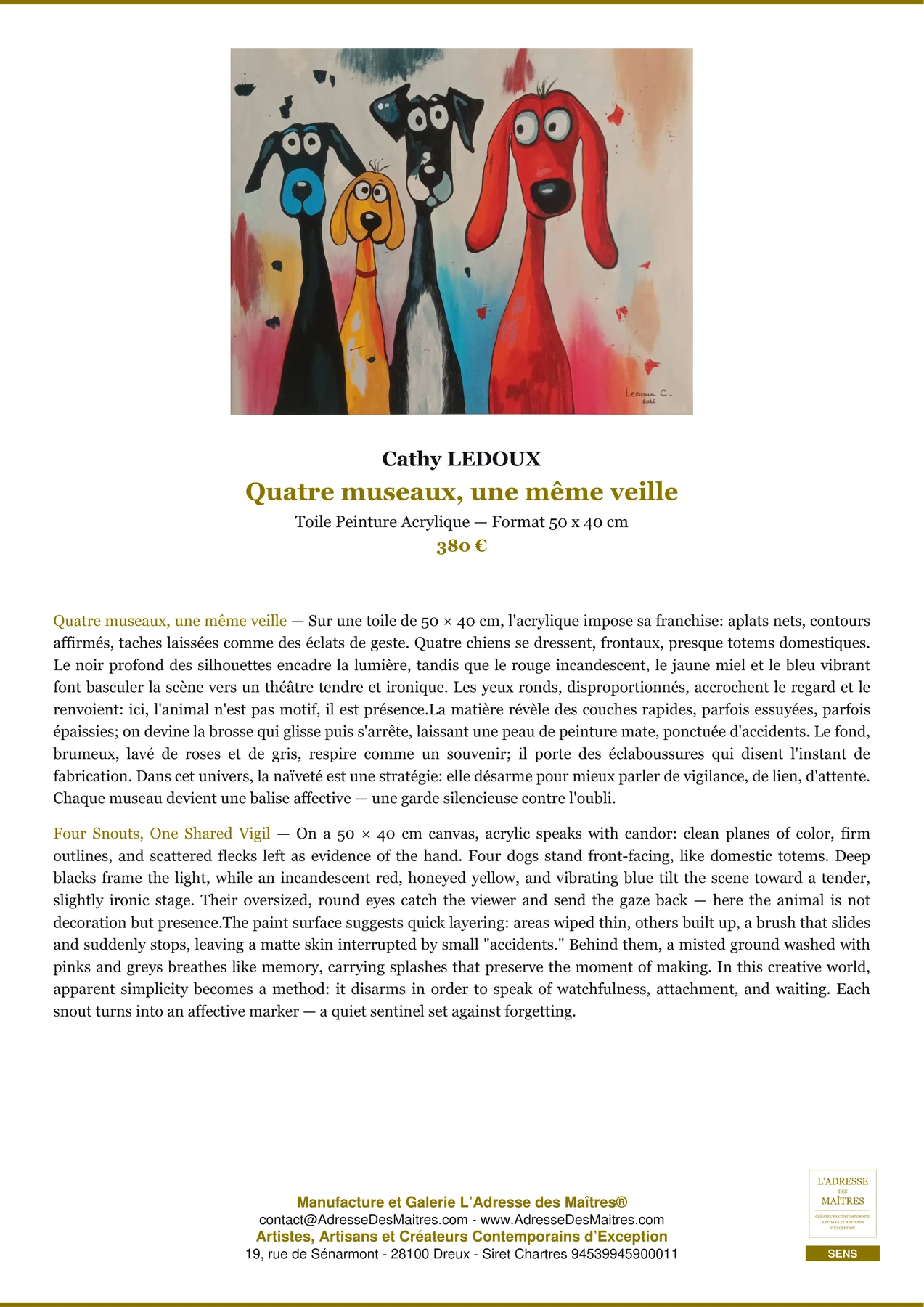 Fiche Premium - Quatre museaux, une même veille - Cathy LEDOUX - L'Adresse des Maîtres®