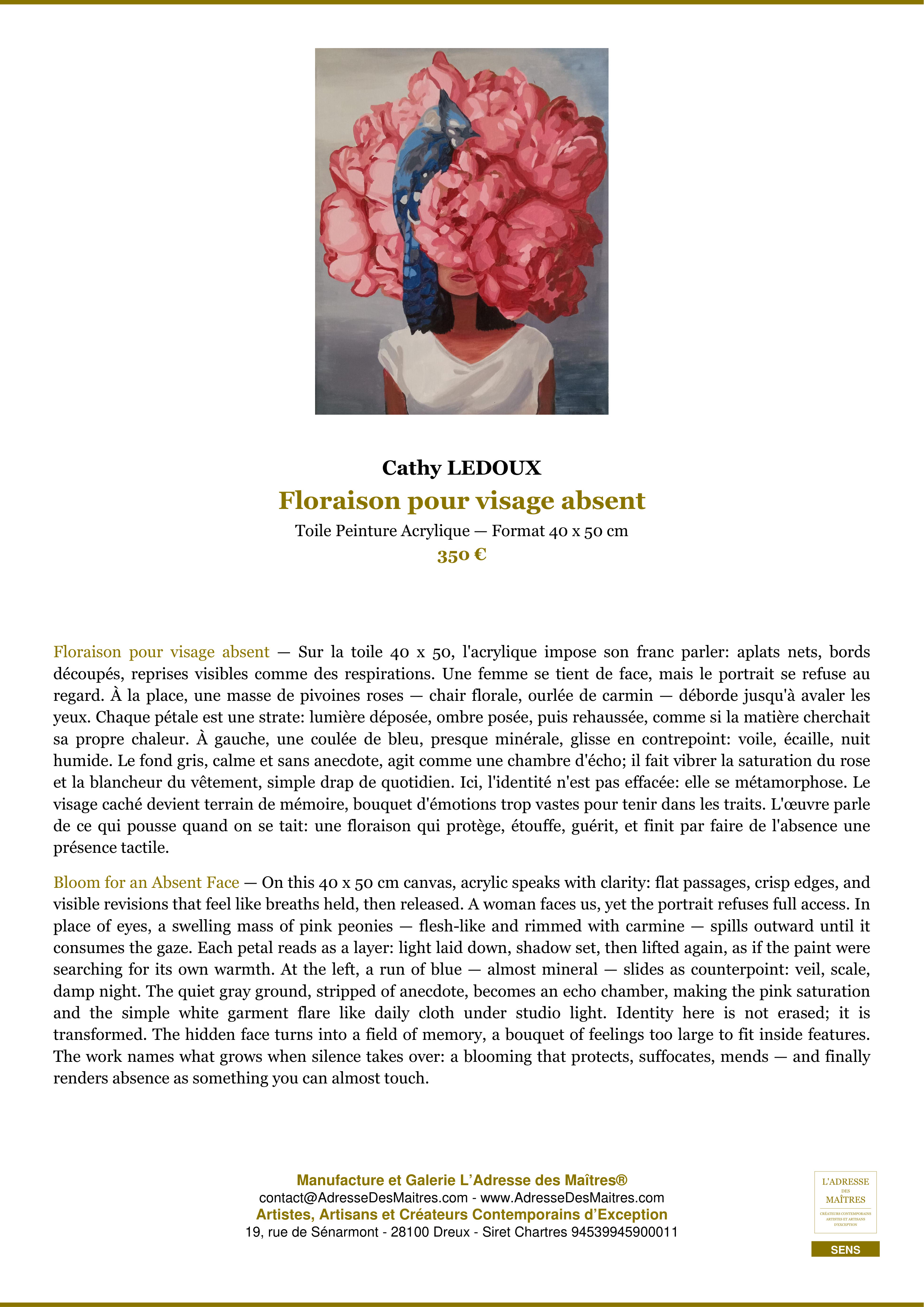 Fiche Premium — Floraison pour visage absent — Cathy LEDOUX — L'Adresse des Maîtres®