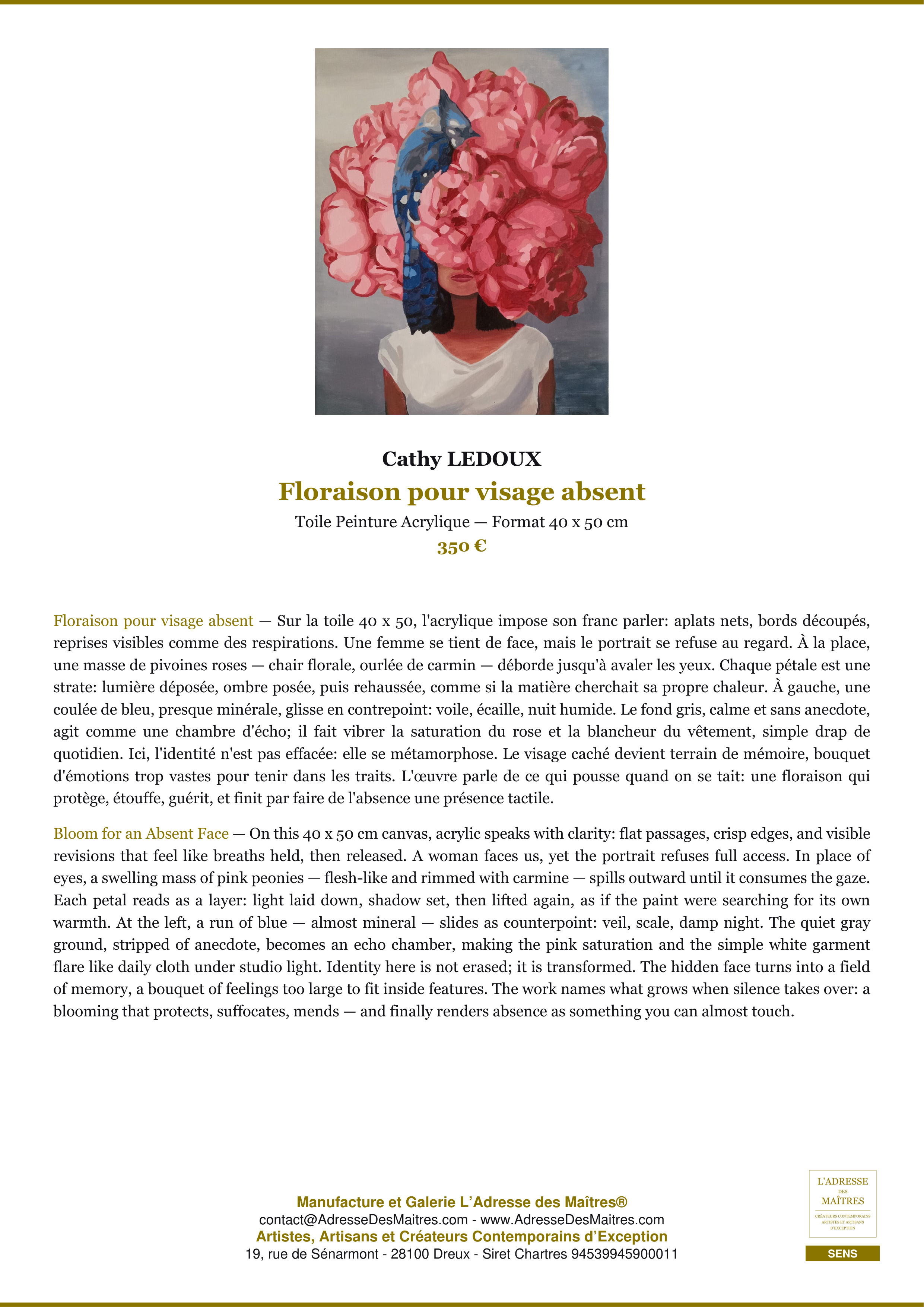 Fiche Premium — Floraison pour visage absent — Cathy LEDOUX — L'Adresse des Maîtres®
