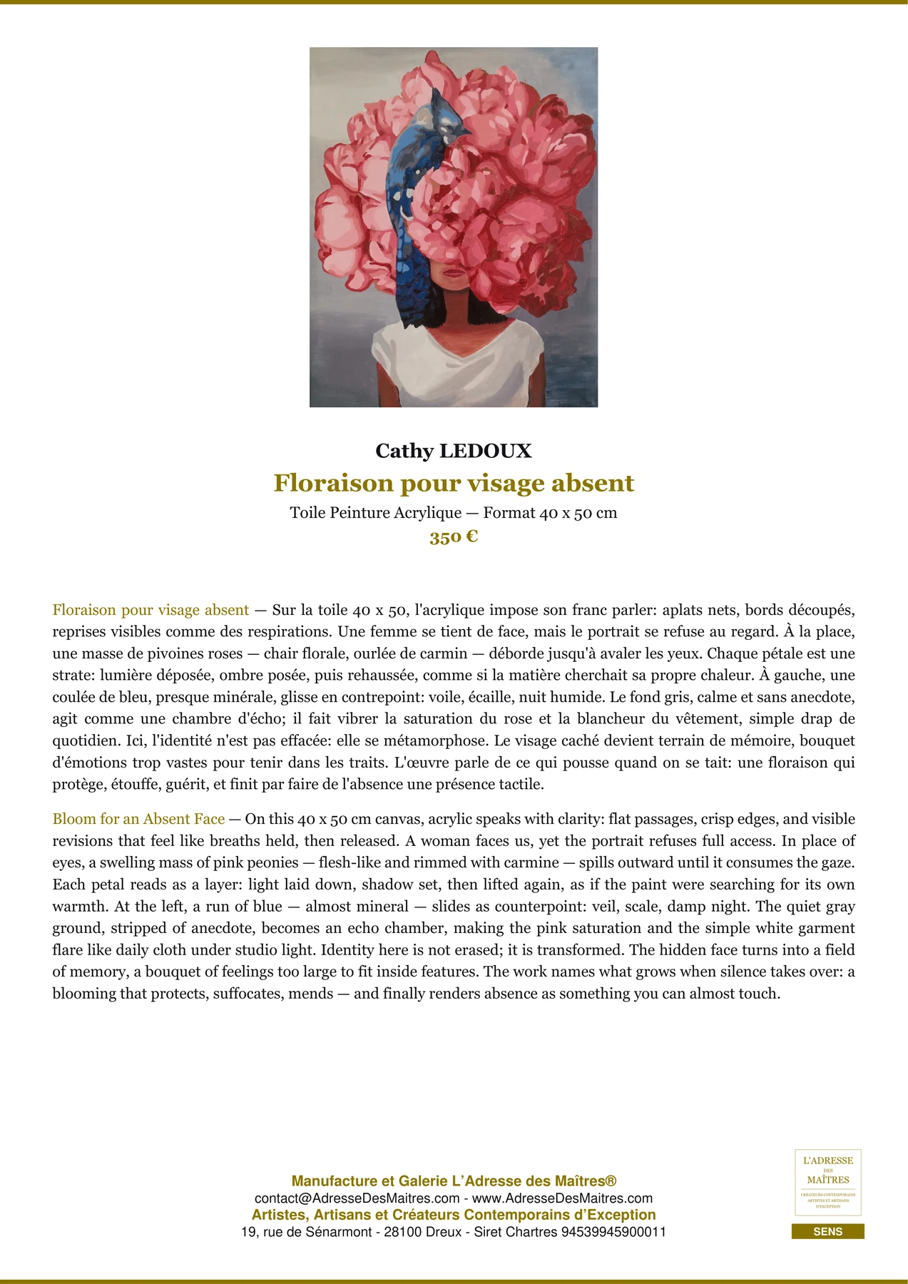 Fiche Premium - Floraison pour visage absent - Cathy LEDOUX - L'Adresse des Maîtres®
