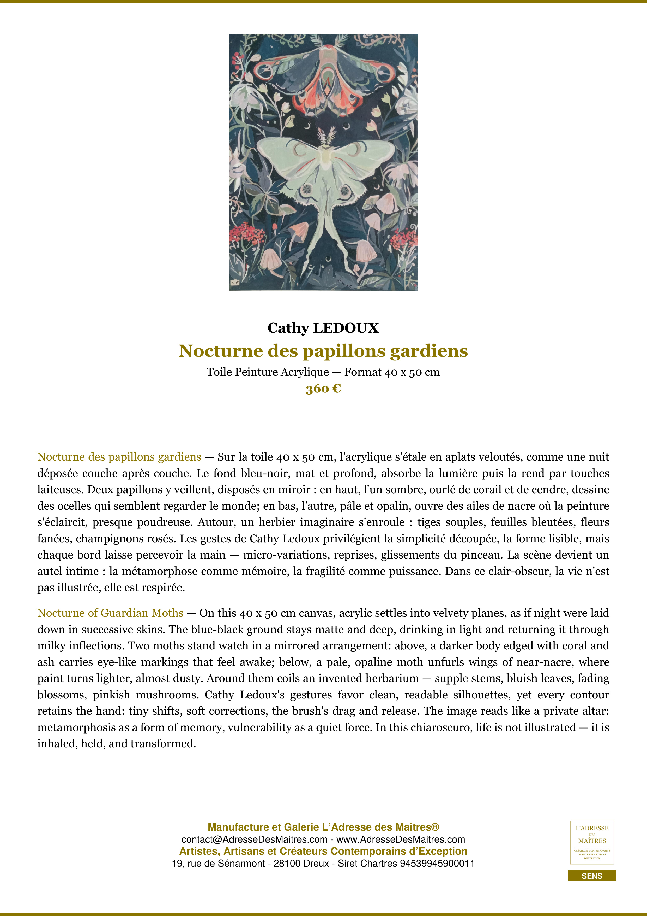 Fiche Premium — Nocturne des papillons gardiens — Cathy LEDOUX — L'Adresse des Maîtres®