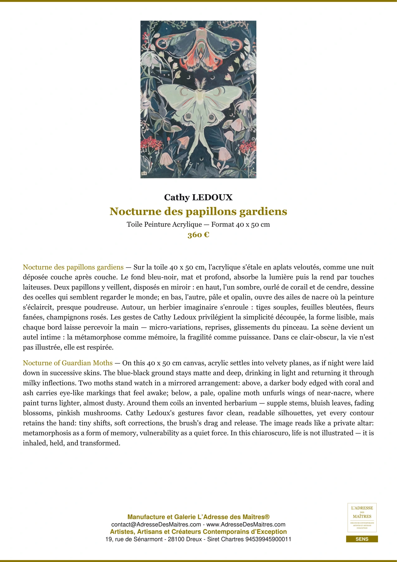 Fiche Premium - Nocturne des papillons gardiens - Cathy LEDOUX - L'Adresse des Maîtres®