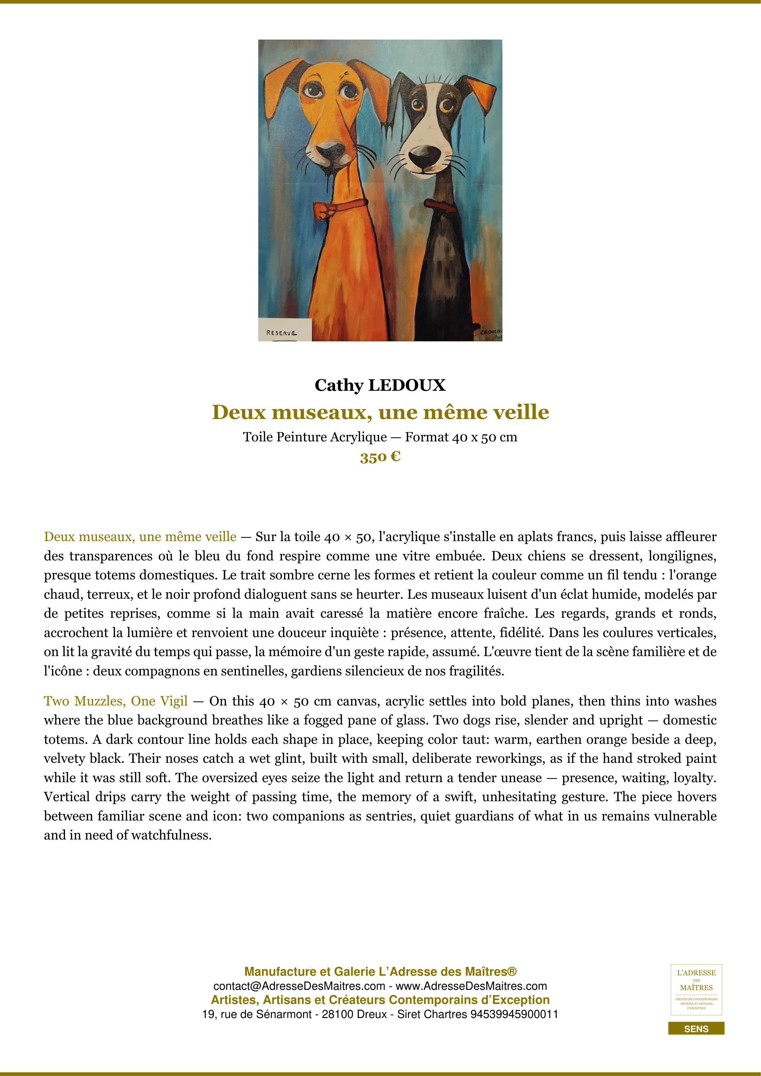 Fiche Premium — Deux museaux, une même veille — Cathy LEDOUX — L'Adresse des Maîtres®