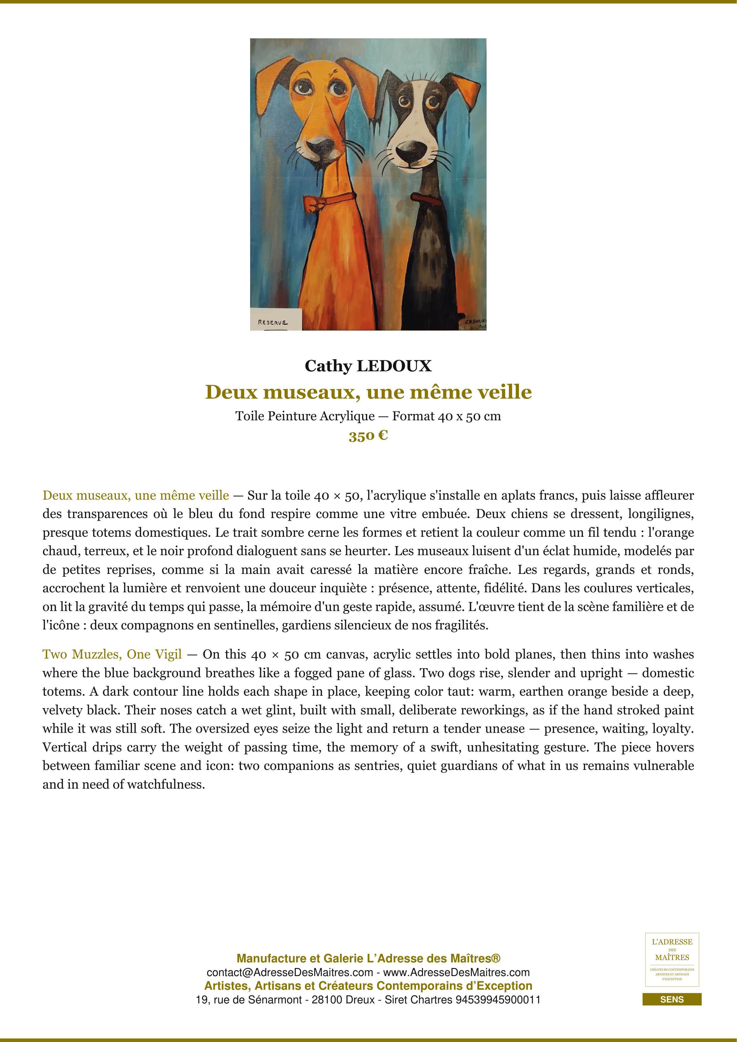 Fiche Premium — Deux museaux, une même veille — Cathy LEDOUX — L'Adresse des Maîtres®