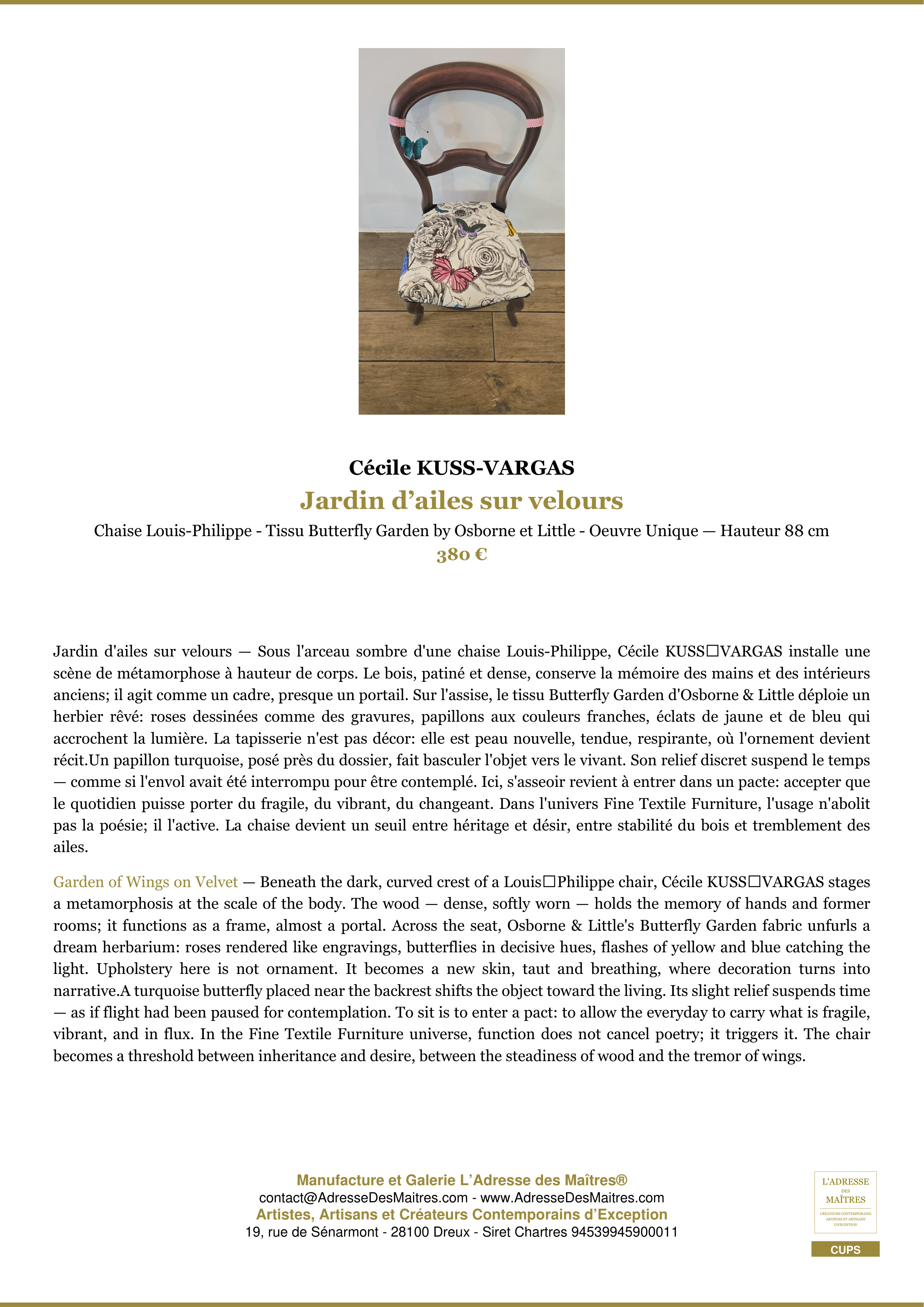 Fiche Premium — Jardin d’ailes sur velours — Cécile KUSS-VARGAS — L'Adresse des Maîtres®
