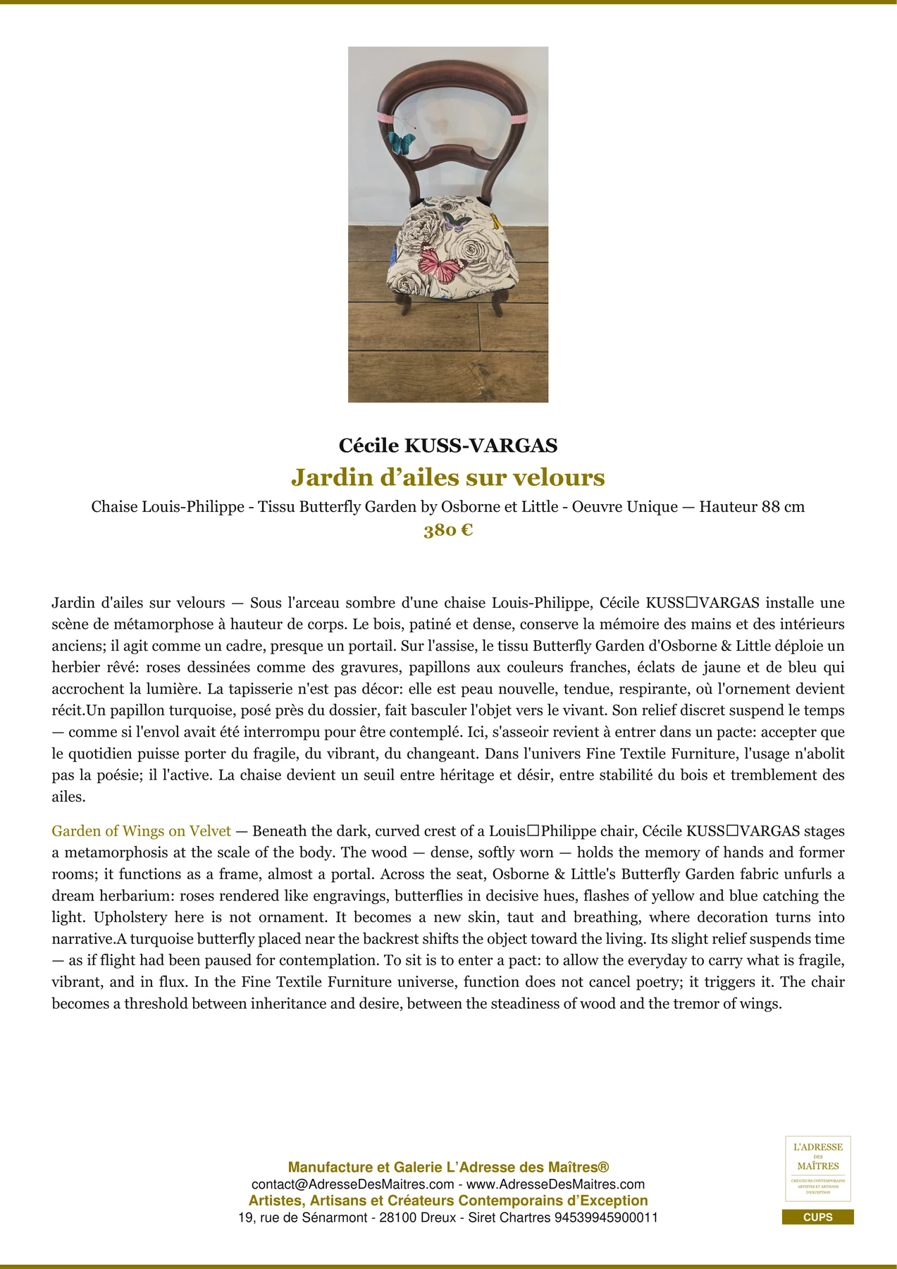 Fiche Premium - Jardin d’ailes sur velours - Cécile KUSS-VARGAS - L'Adresse des Maîtres®