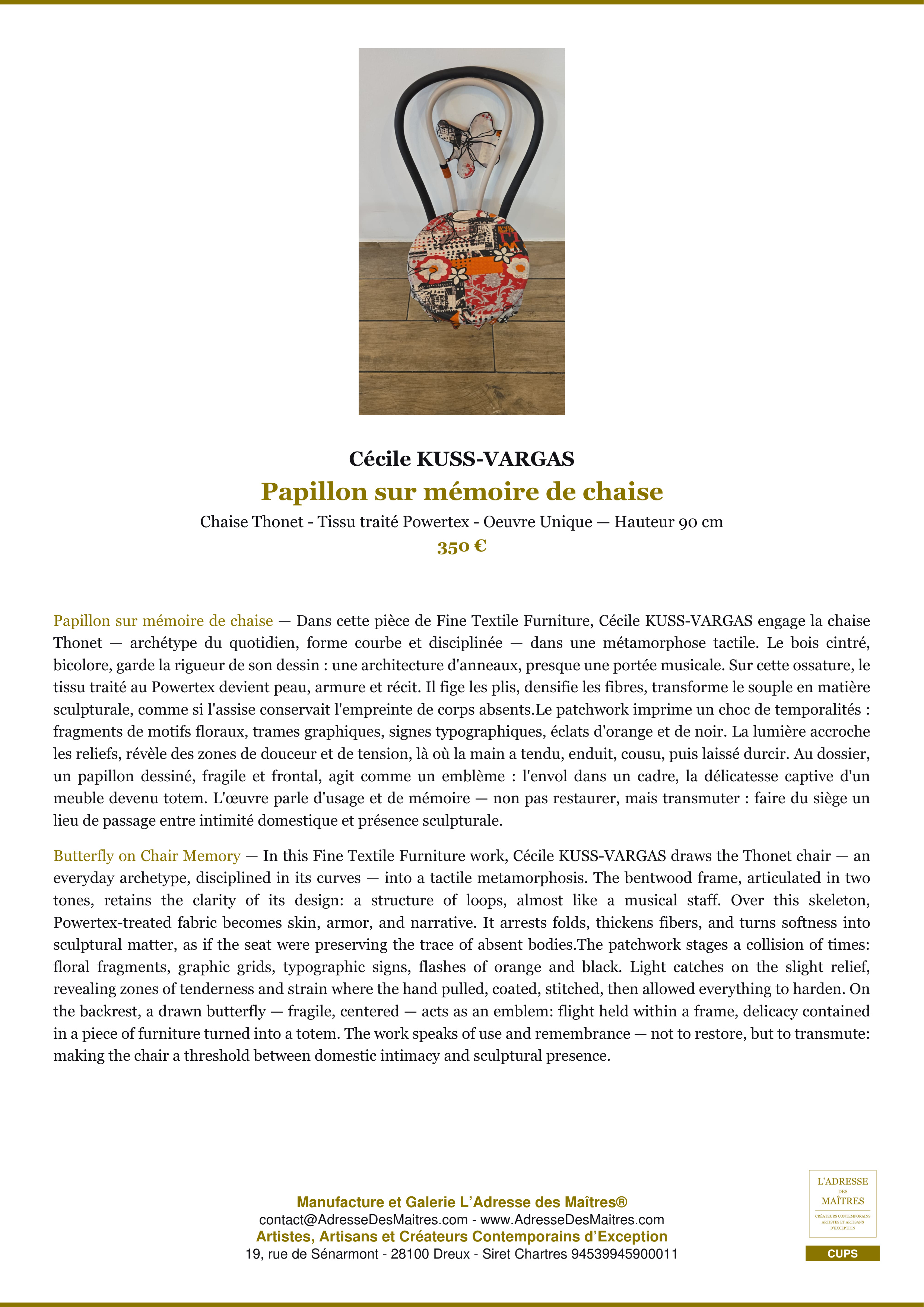 Fiche Premium — Papillon sur mémoire de chaise — Cécile KUSS-VARGAS — L'Adresse des Maîtres®