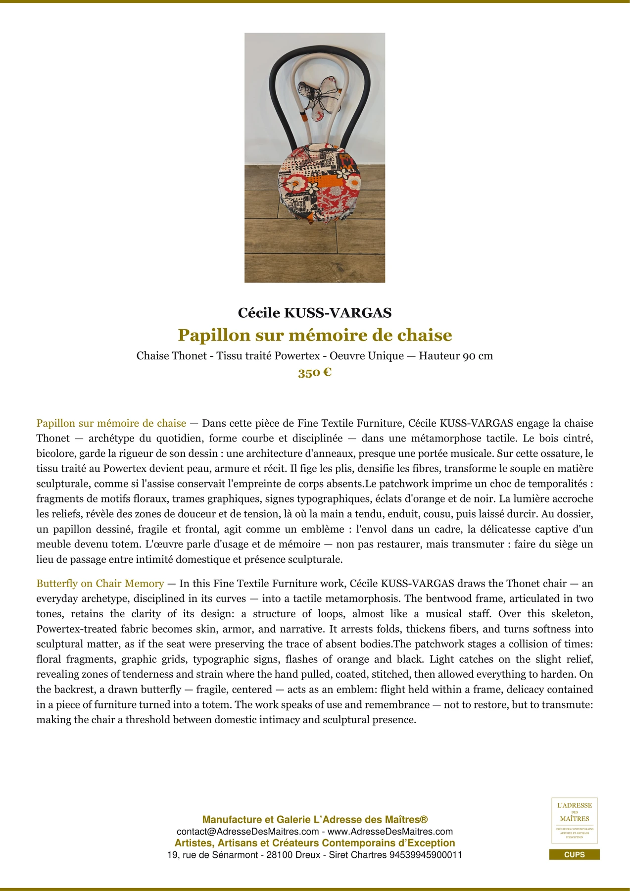 Fiche Premium - Papillon sur mémoire de chaise - Cécile KUSS-VARGAS - L'Adresse des Maîtres®