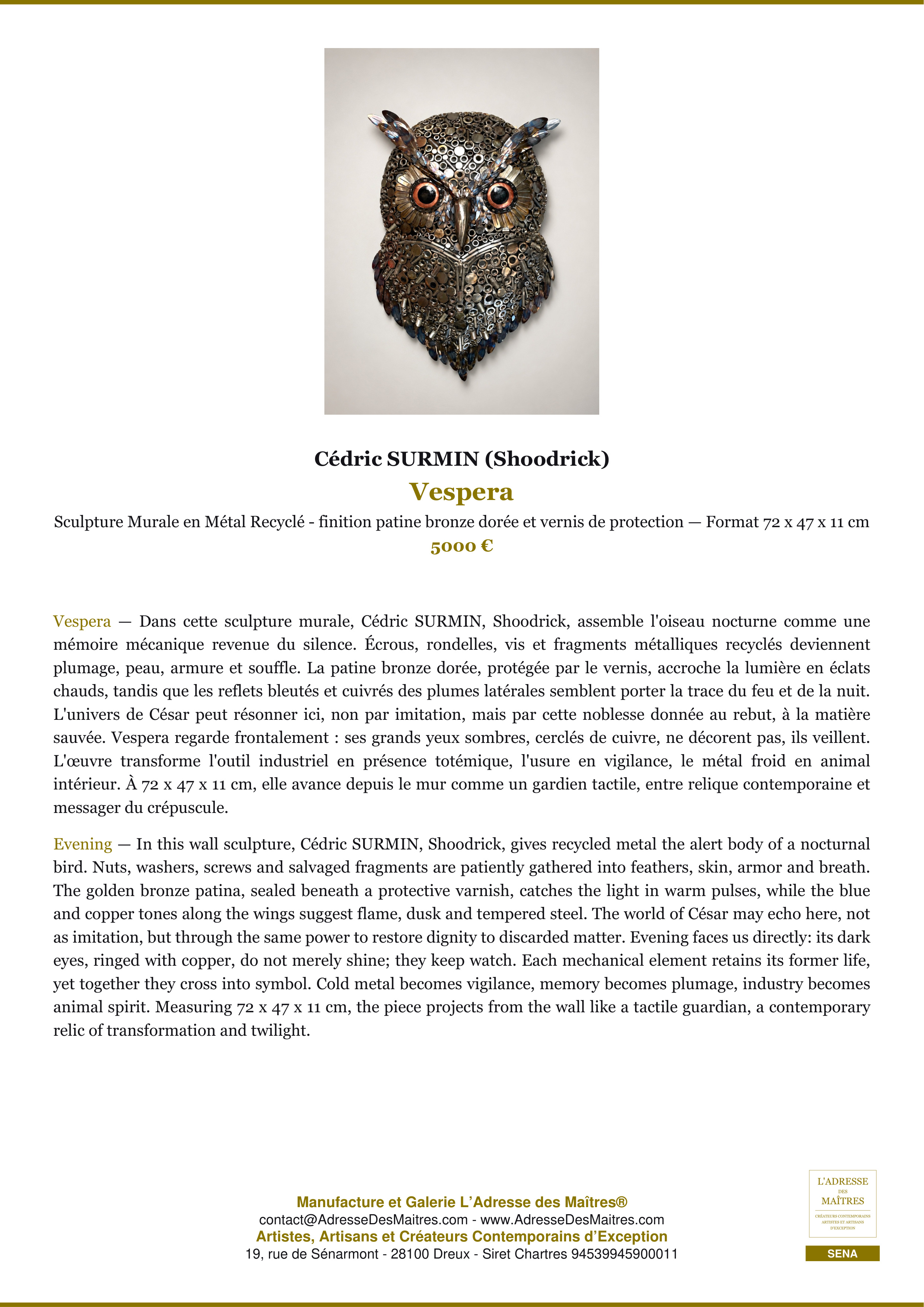 Fiche Premium — Vespera — Cédric SURMIN (Shoodrick) — L'Adresse des Maîtres®