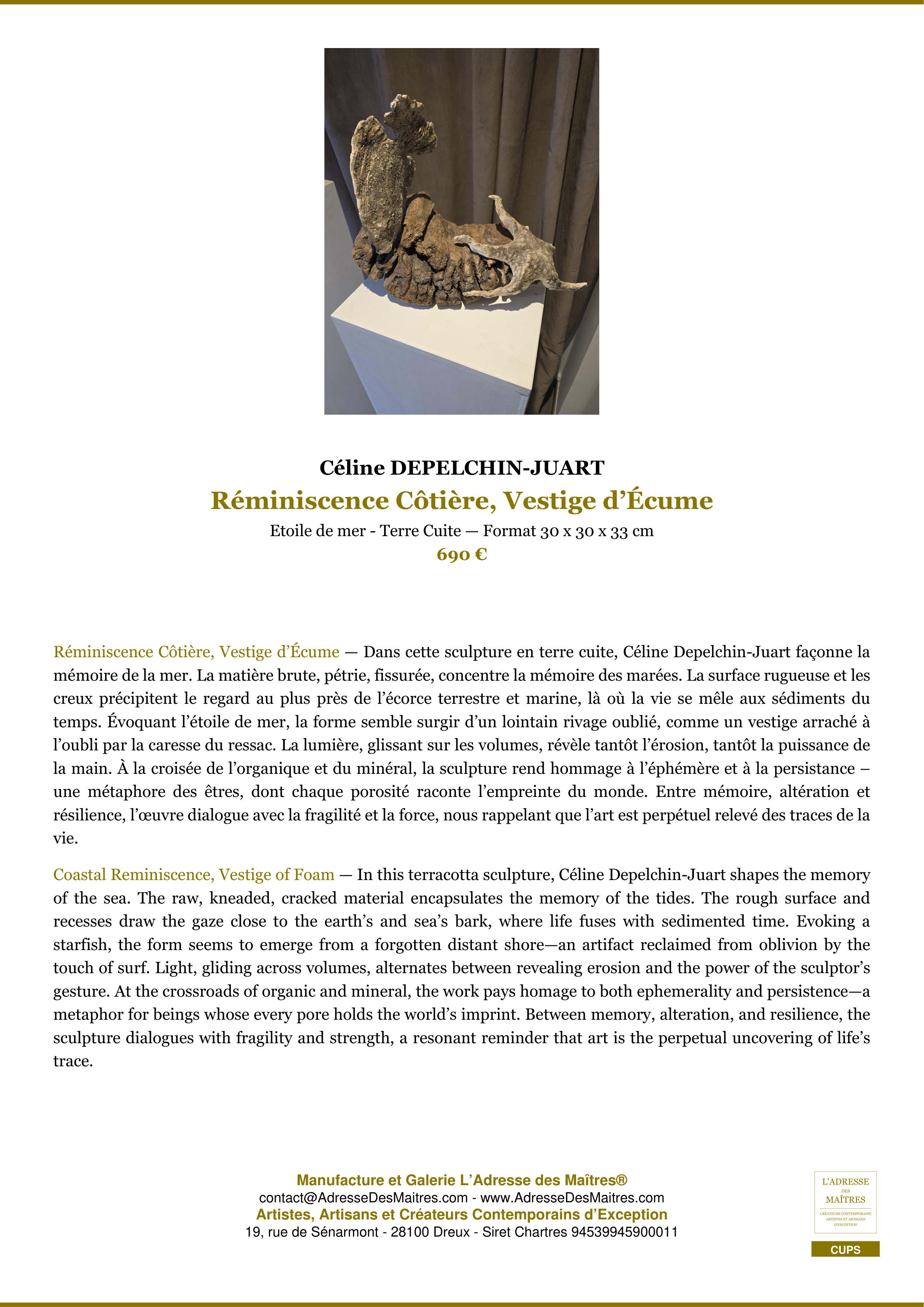 Fiche Premium — Réminiscence Côtière, Vestige d’Écume — Céline DEPELCHIN-JUART — L'Adresse des Maîtres®