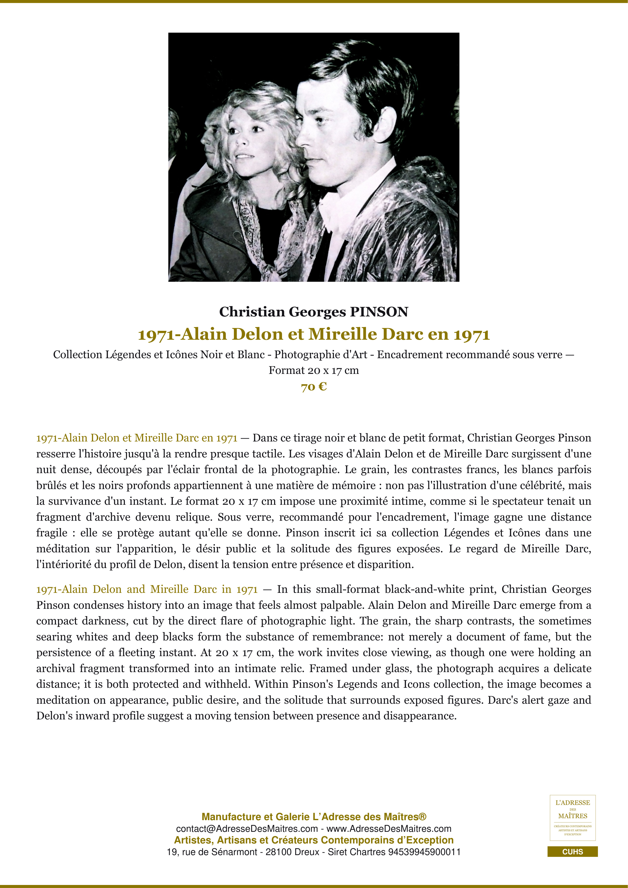 Fiche Premium — 1971-Alain Delon et Mireille Darc en 1971 — Christian Georges PINSON — L'Adresse des Maîtres®