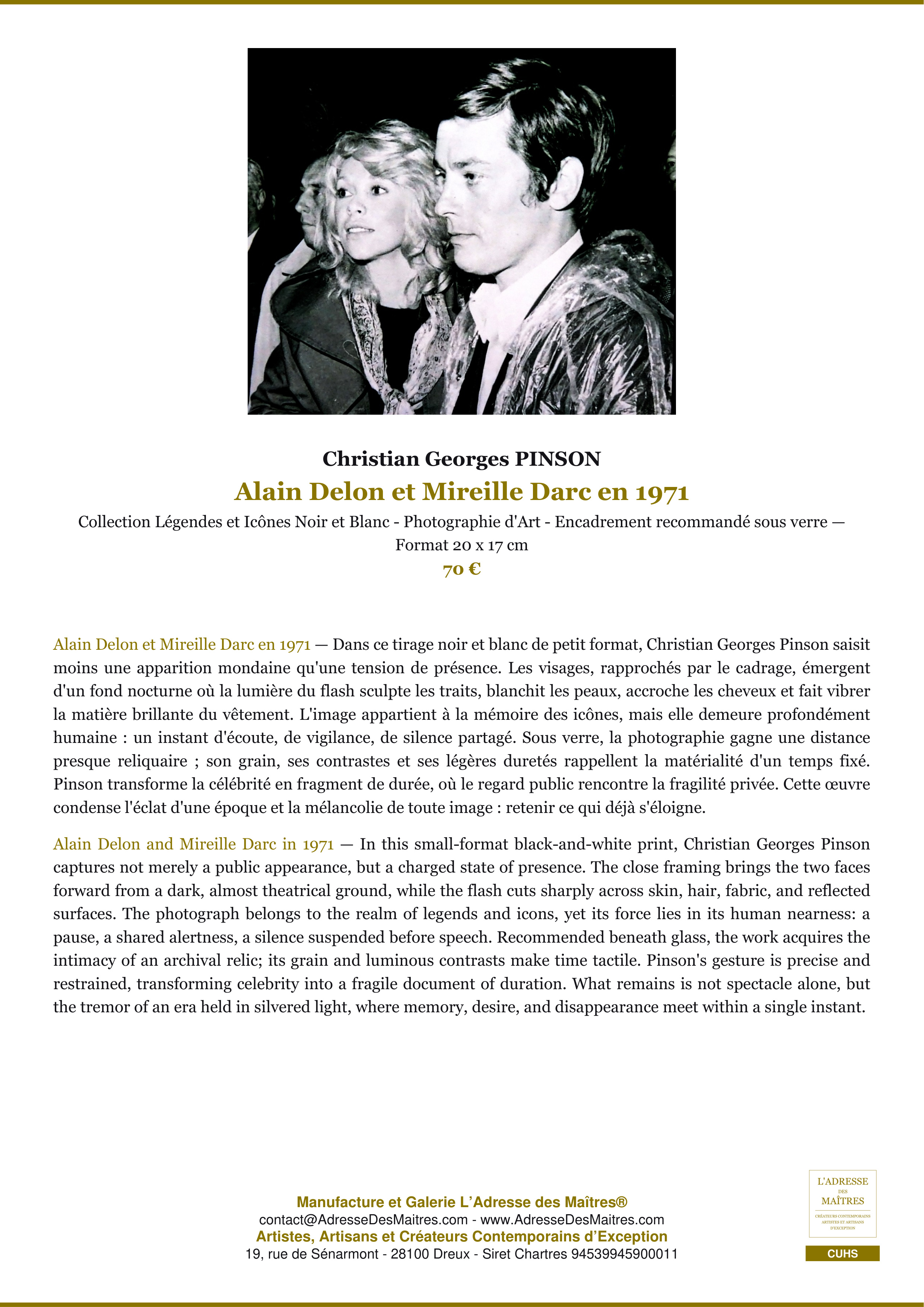 Fiche Premium — Alain Delon et Mireille Darc en 1971 — Christian Georges PINSON — L'Adresse des Maîtres®
