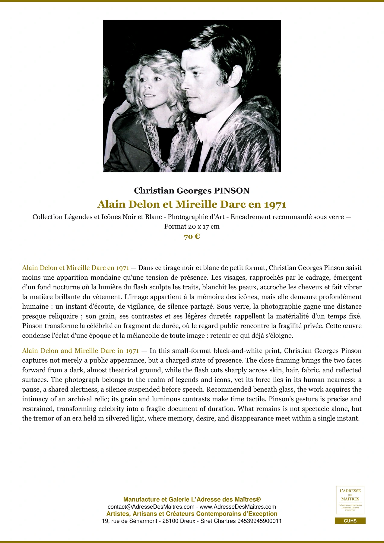 Fiche Premium - Alain Delon et Mireille Darc en 1971 - Christian Georges PINSON - L'Adresse des Maîtres®