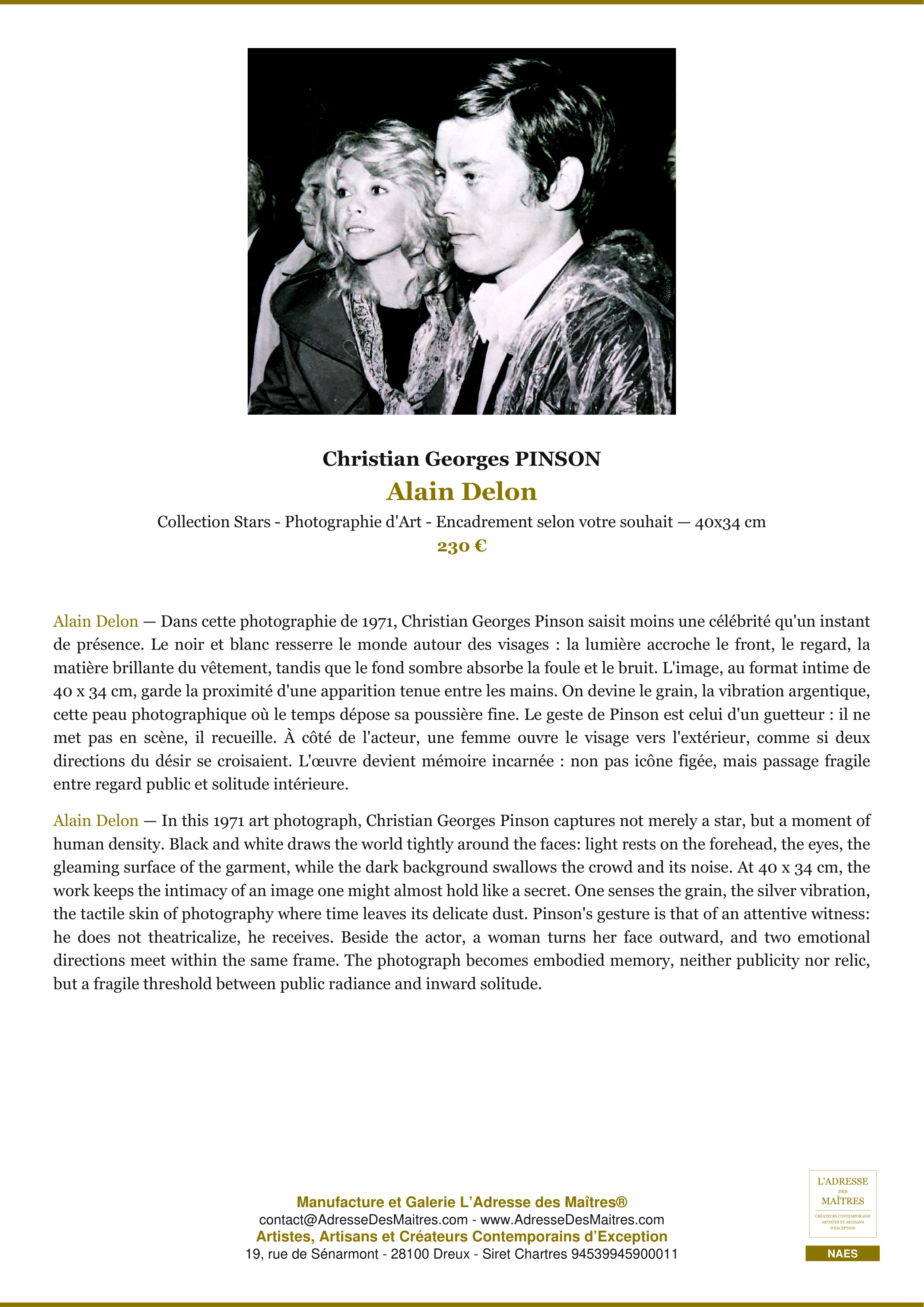 Fiche Premium — Alain Delon — Christian Georges PINSON — L'Adresse des Maîtres®