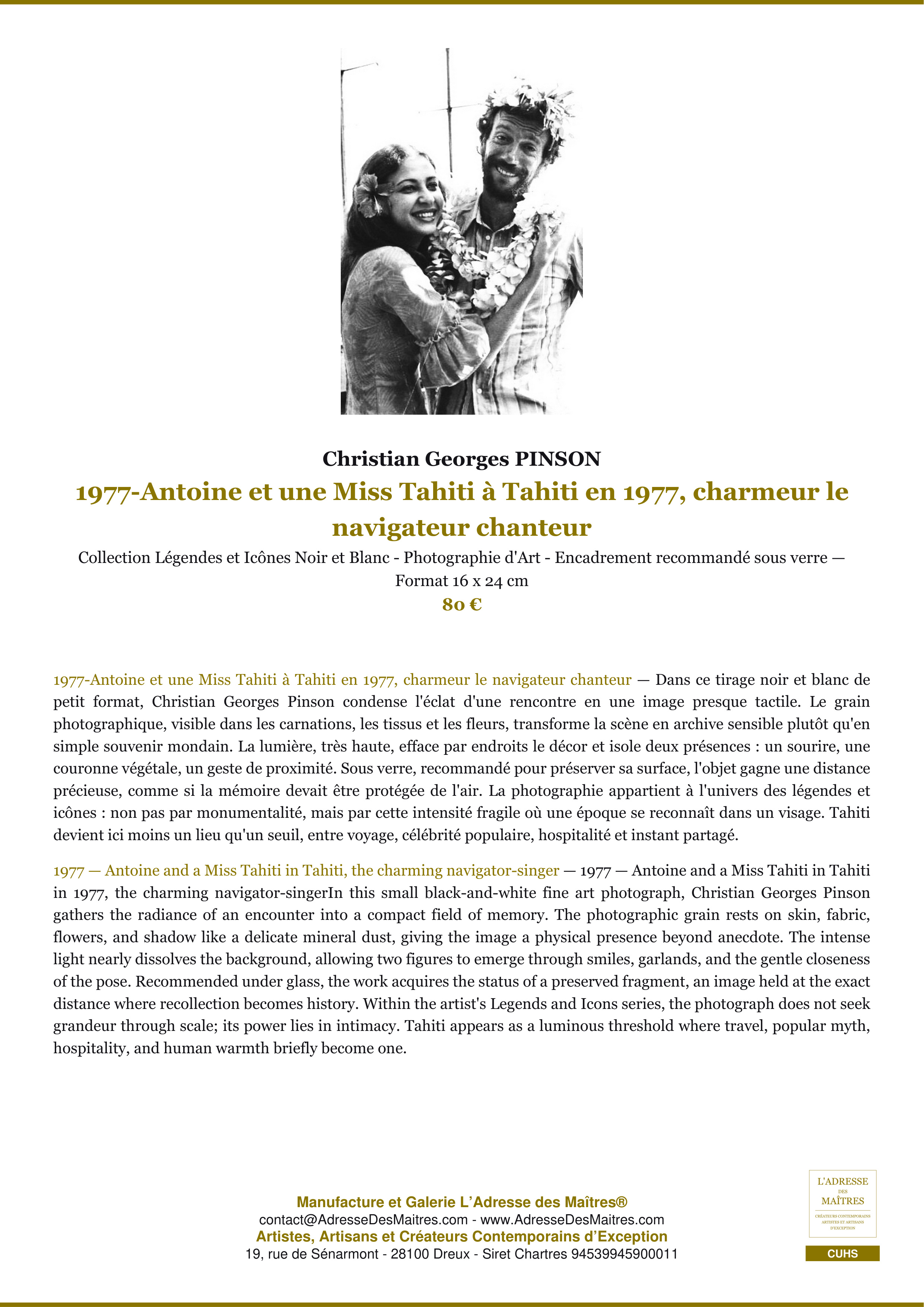 Fiche Premium — 1977-Antoine et une Miss Tahiti à Tahiti en 1977, charmeur le navigateur chanteur — Christian Georges PINSON — L'Adresse des Maîtres®