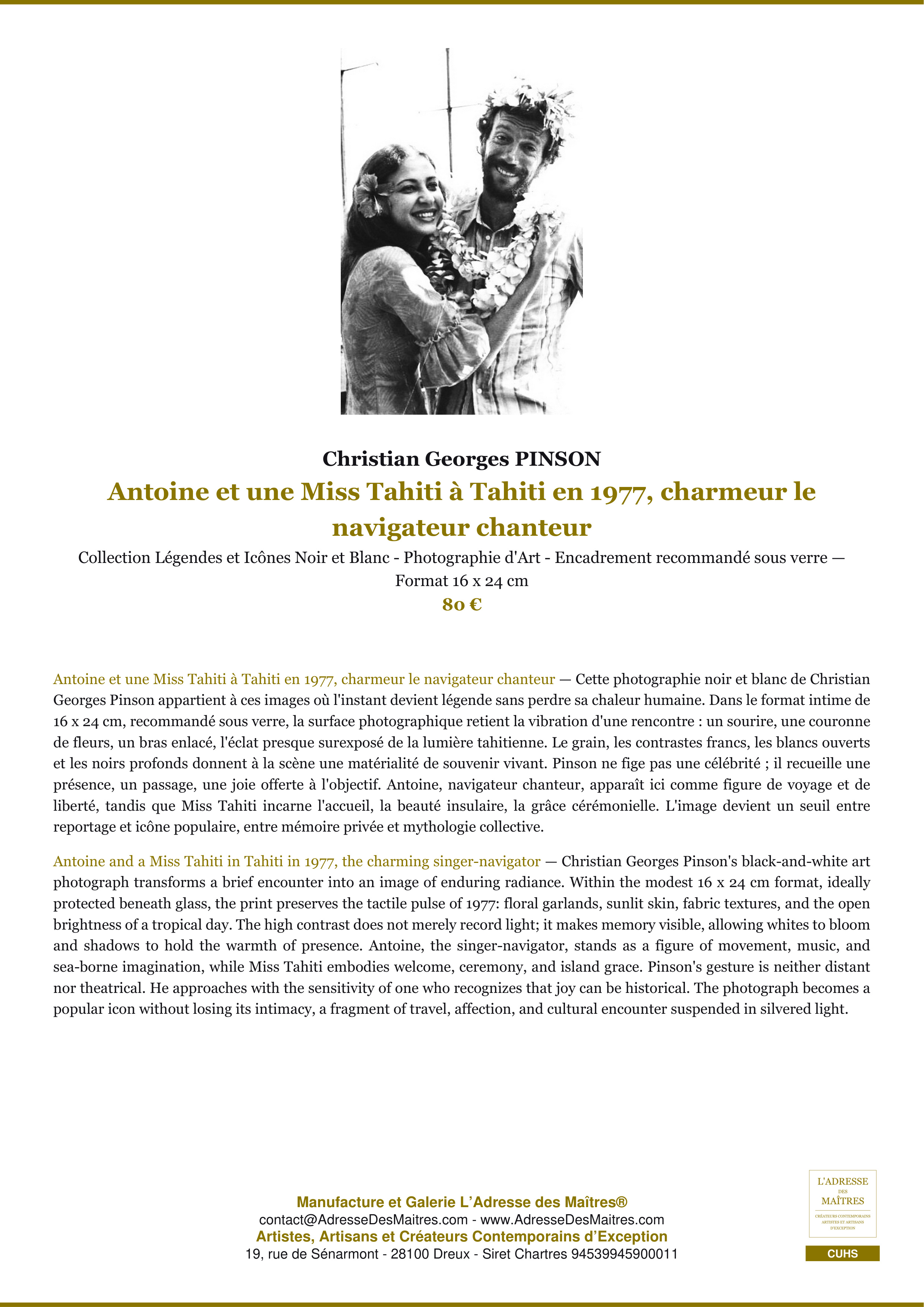 Fiche Premium — Antoine et une Miss Tahiti à Tahiti en 1977, charmeur le navigateur chanteur — Christian Georges PINSON — L'Adresse des Maîtres®