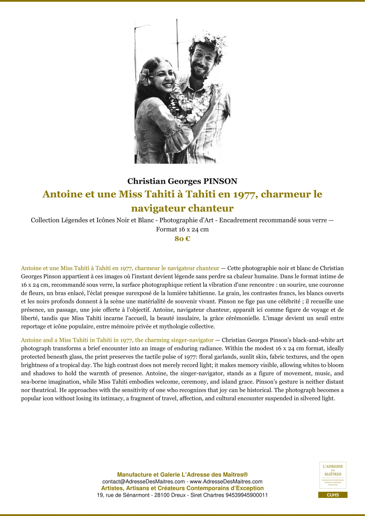 Fiche Premium - Antoine et une Miss Tahiti à Tahiti en 1977, charmeur le navigateur chanteur - Christian Georges PINSON - L'Adresse des Maîtres®