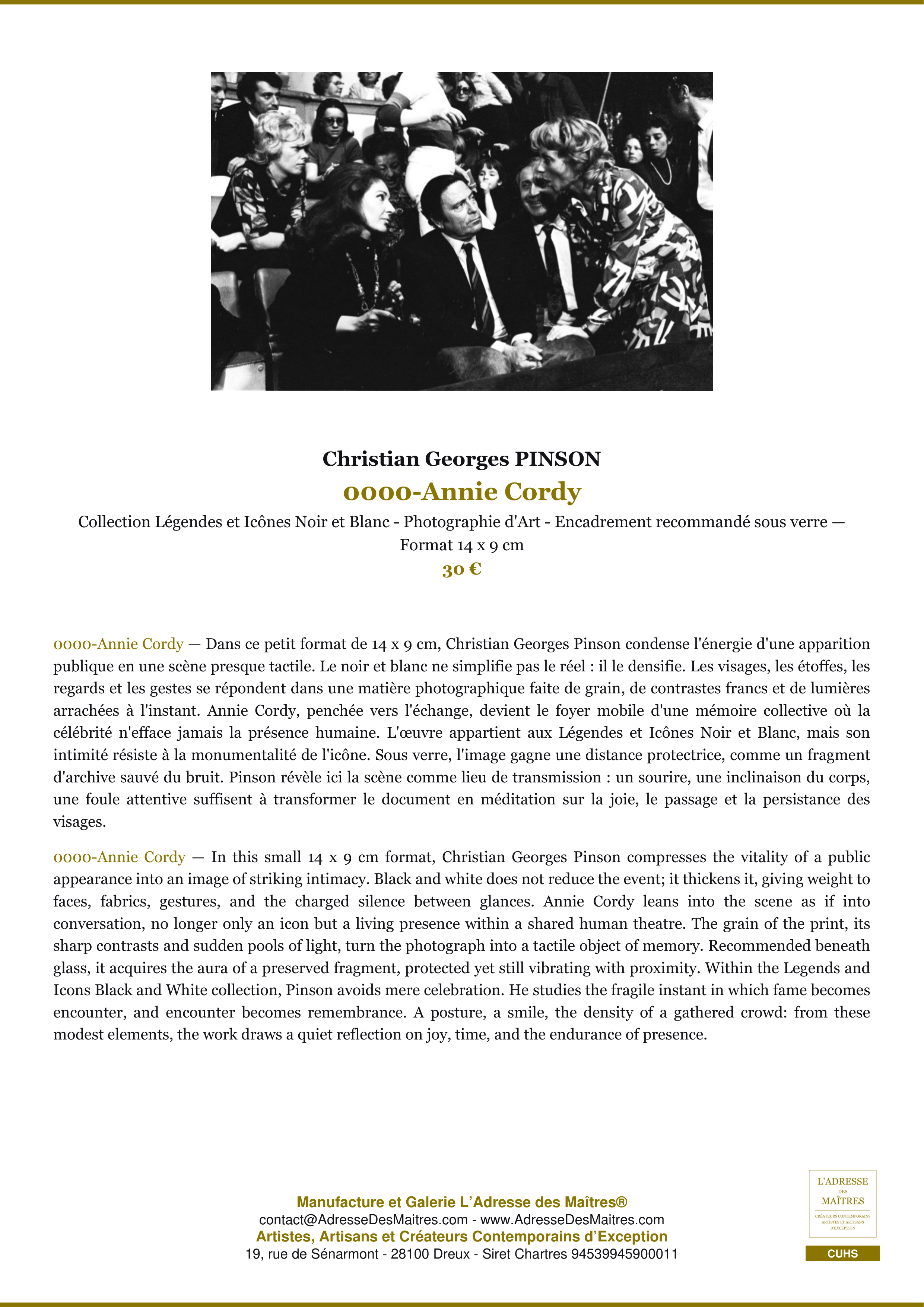Fiche Premium — 0000-Annie Cordy — Christian Georges PINSON — L'Adresse des Maîtres®